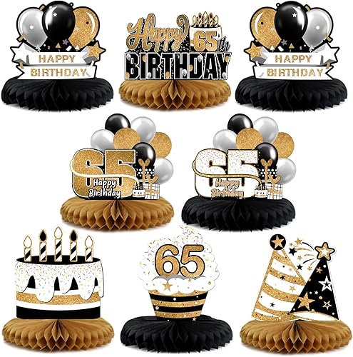 Miniatura 190 de LINGTEER Decoración feliz 50 cumpleaños negro y dorado de papel para mesa - Juego de centros de mesa con estrella de pastel y globo, 8 piezas