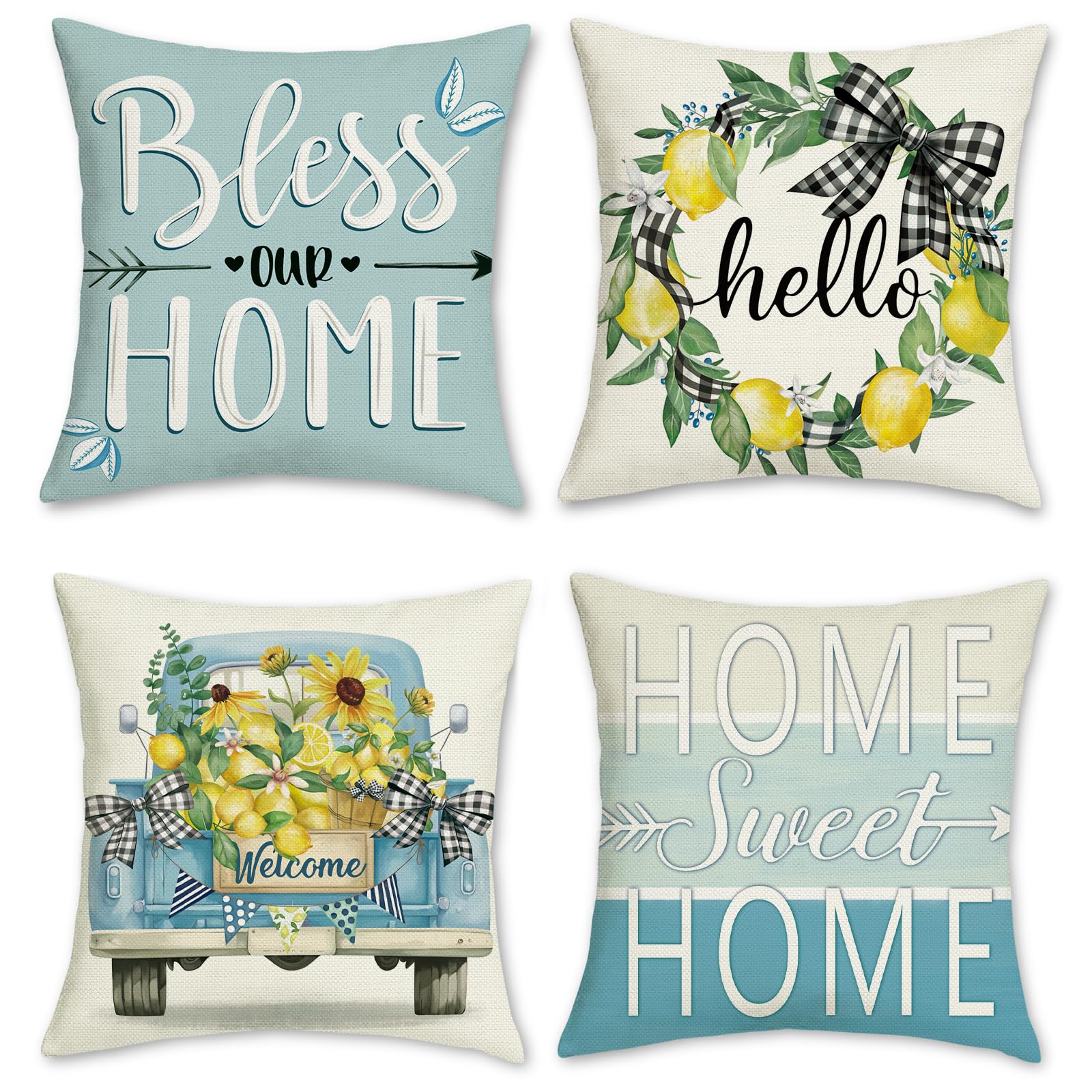 Bonhause Cushion Covers Summer Lemon 45 x 45 cm Pillow Cover Farmhouse Truck Home Sweet Home Decorative Cushions for Sofa Bed Home Outdoor Set of 4