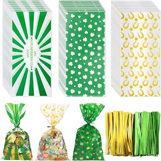 Roowest 300 Pcs St Patrick's Day Cellophane Bags Lucky Shamrock Treat 11 x 5 Inches Goodie Plastic Clover Party Favor Bags with 300 Twist Ties for Irish Day Party Favor