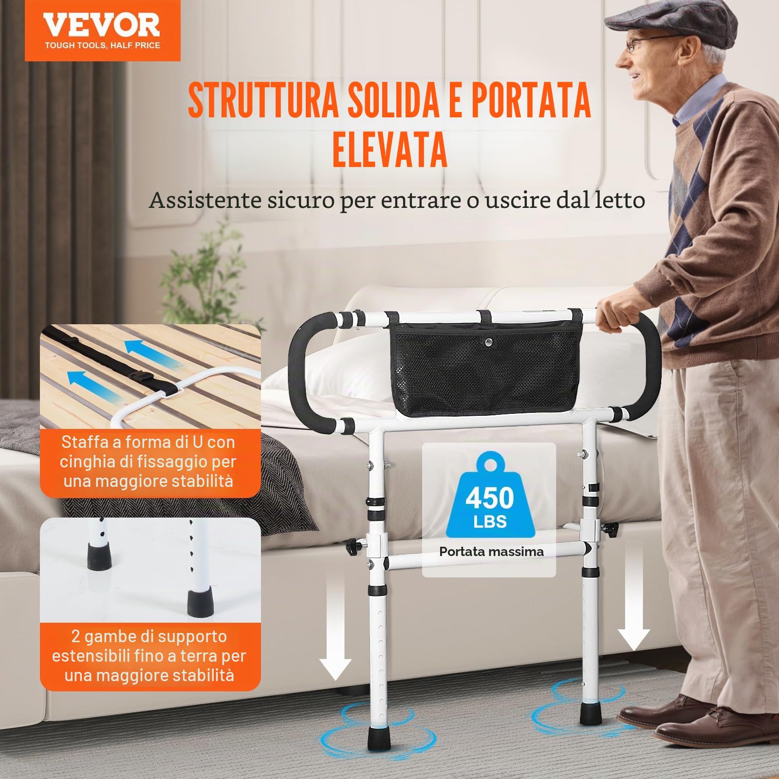 VEVOR Barriera letto per adulti anziani pieghevole 180° guida per letto di assistenza protezione laterale carico 204 kg maniglia regolabile a 4 livelli tasca portaoggetti per letto matrimoniale king
