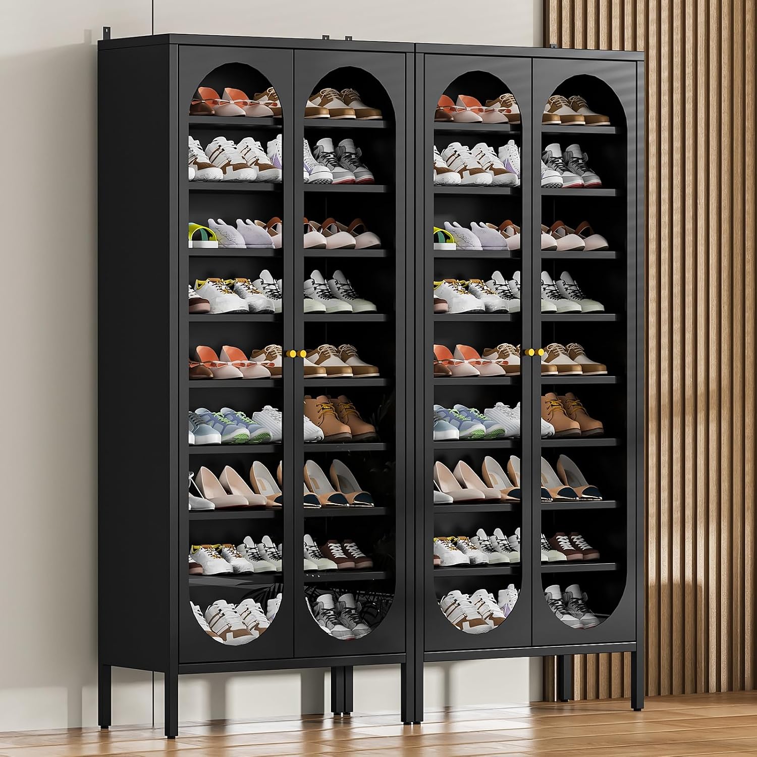 9-Tier Tall Shoe Cabinet with Glass Doors, Freestanding Metal Shoe Cabinet with Adjustable Shelves, 27–36 Pairs, Heavy Duty Metal Shoe Organizer Rack for Entryway,Hallway, Closet, Black