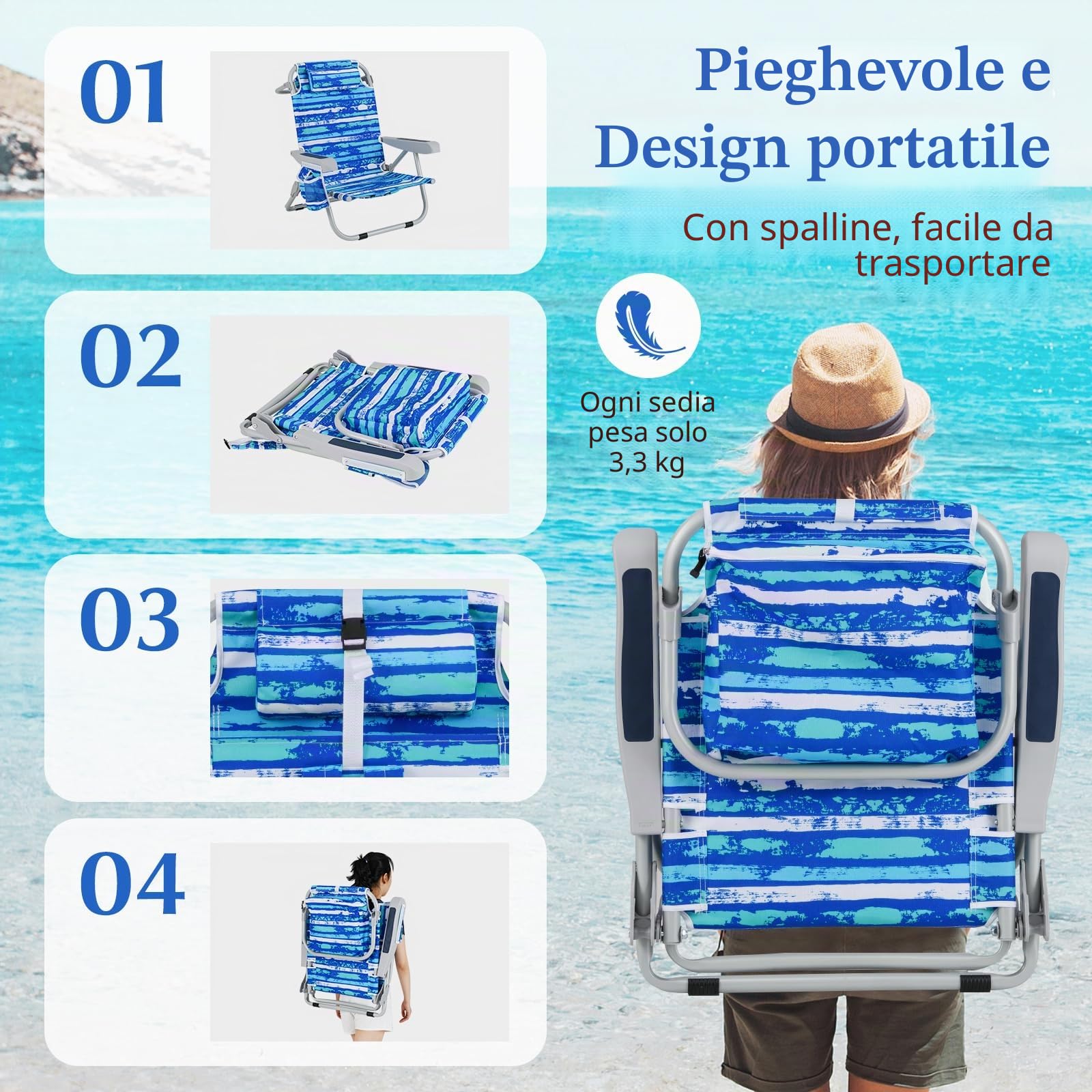 KOMFOTTEU Sedia da Spiaggia con Poggiatesta e Tasca Laterale，Strisce Blu：1 | Spiaggina Pieghevole con Schienale Regolabile in 5 Posizioni, Carico 150 kg, Lettino Prendisole da Mare, Campeggio, Pesca