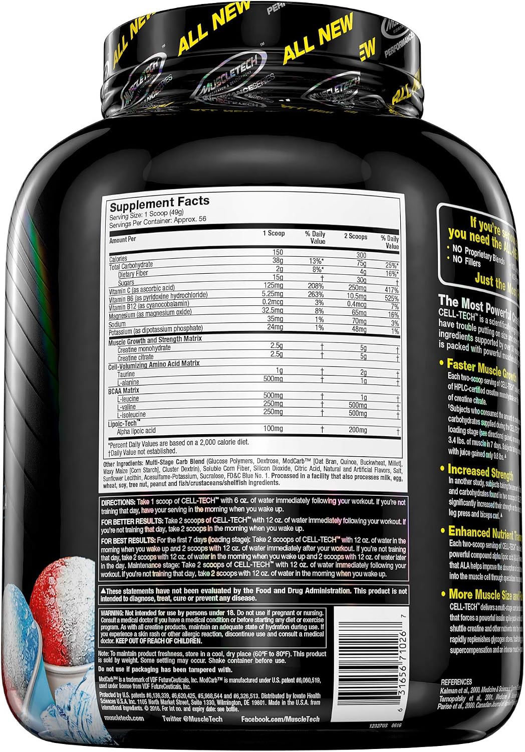 MuscleTech CellTech Creatine Powder, Micronized Creatine, Creatine HCl, Icy Rocket, 6.04 Pounds