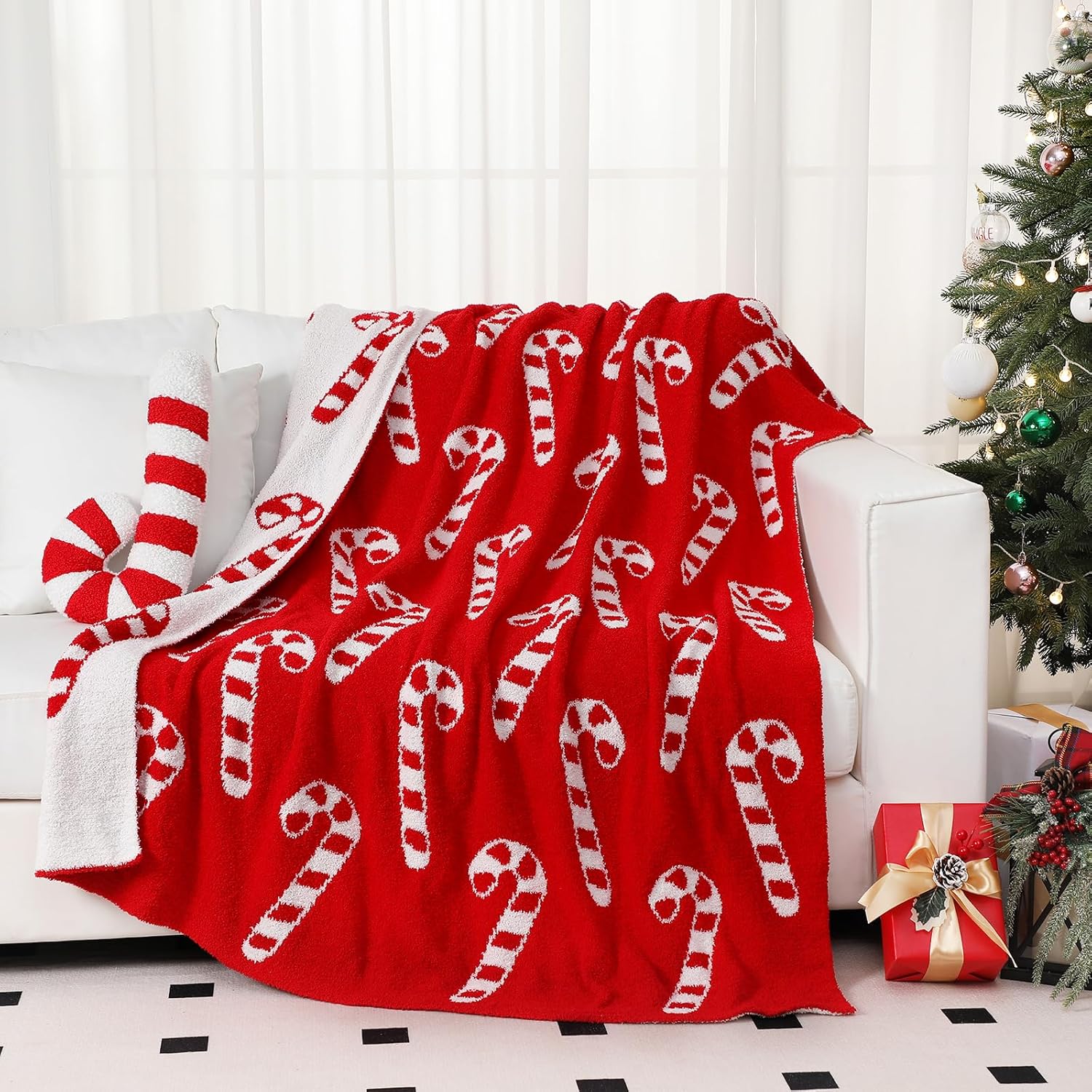 Christmas Candy Cane Throw Blankets and Pillow Gifts Set Include Red White Double Sided Flannel Blanket 50 x 60 Inch and Candy Canes Plush Throw Pillow for Couch Sofa Bed Home Decorations
