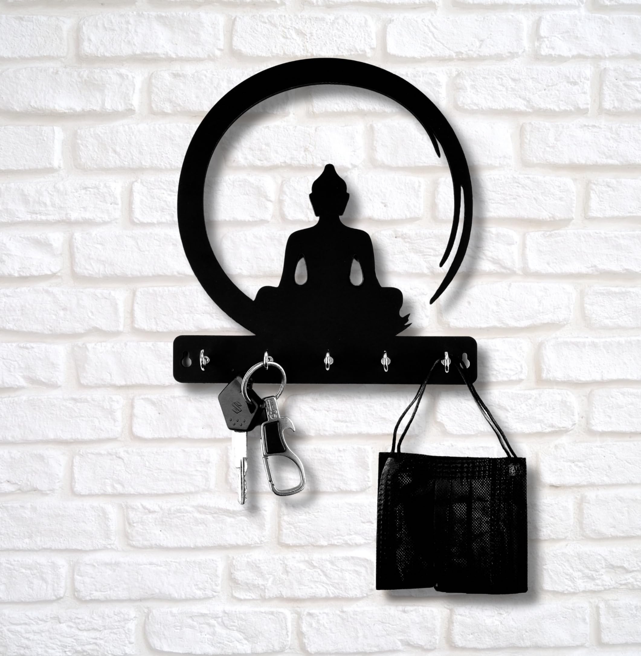 TWIGGY Wooden Wall Key Holder | Pre-Laminated Pine Wood Buddha Design | Decorative Wall Organizer with Hooks for Keys, Bags & Accessories for Home, Office etc. (Buddha)-image-5