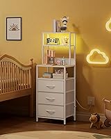 Vista 2 de WLIVE Tall White Nightstand with Charging Station, LED Night Stand with 3 Fabric Drawers and Storage Open Shelves, Bedroom Nightstand Table, Bed