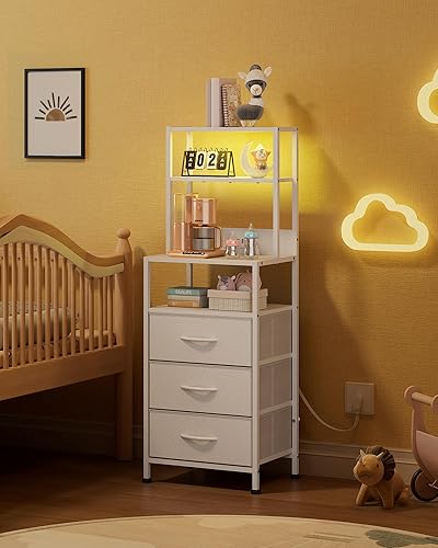 Miniatura 2 de WLIVE Mesita de noche alta blanca con estación de carga, mesita de noche LED con 3 cajones de tela y estantes abiertos de almacenamiento, mesa de