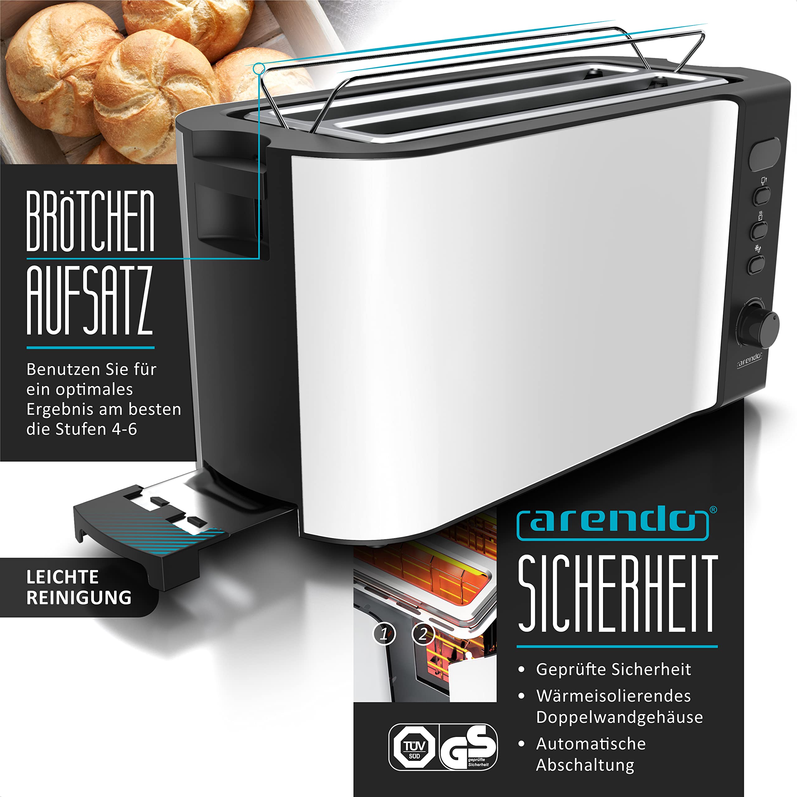 Arendo Wasserkocher mit Toaster SET Edelstahl Weiß matt 1,5L 40-100°C Warmhaltefunktion 4 Scheiben LED-Display 6 Bräunungsgrade