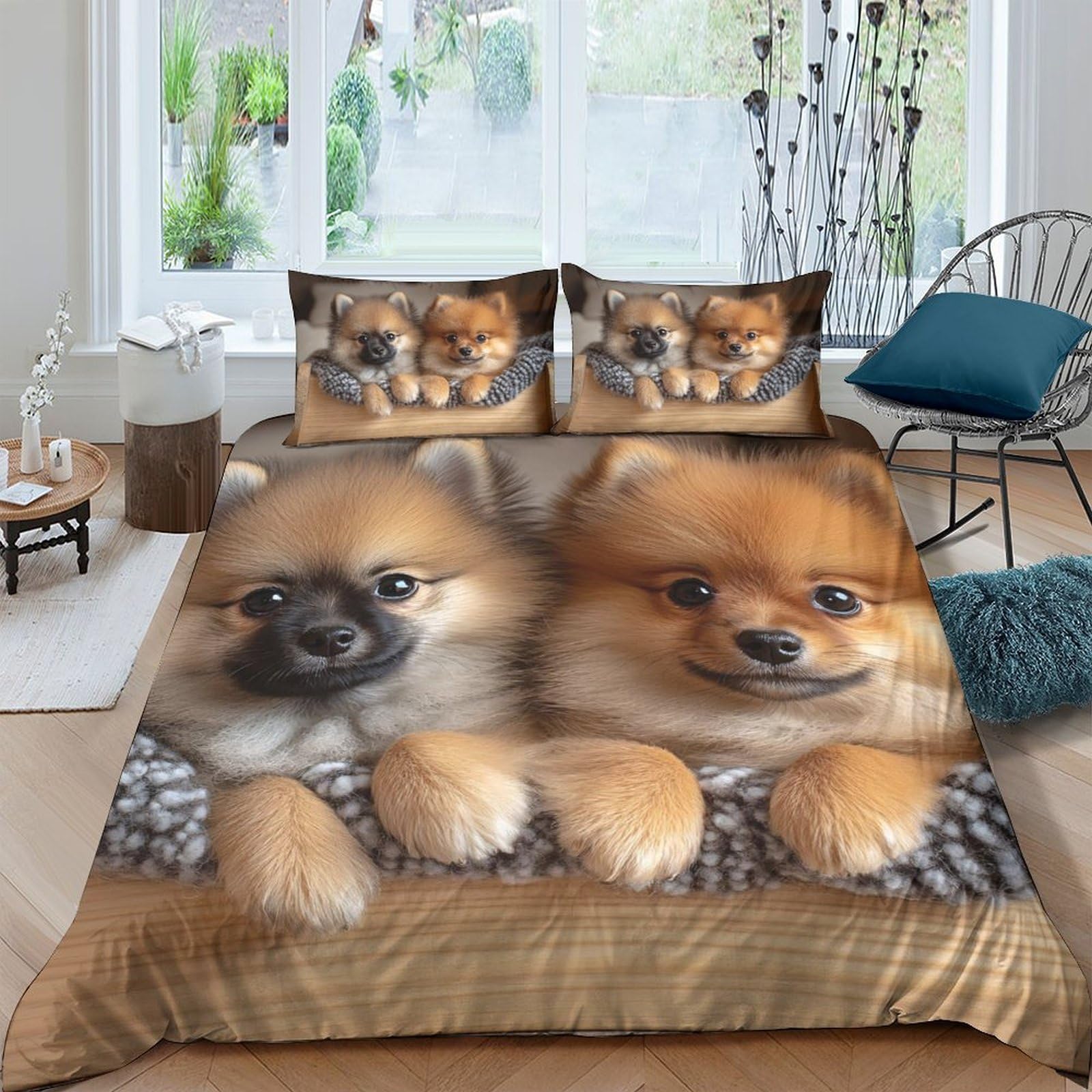 P5V6M1Q9 3D Printed Cute Pomeranian Puppy Duvet Cover Microfiber Soft Breathable Dog Bedding Set with 2 Pillowcases for Bedroom Decor, Single（135x200cm）