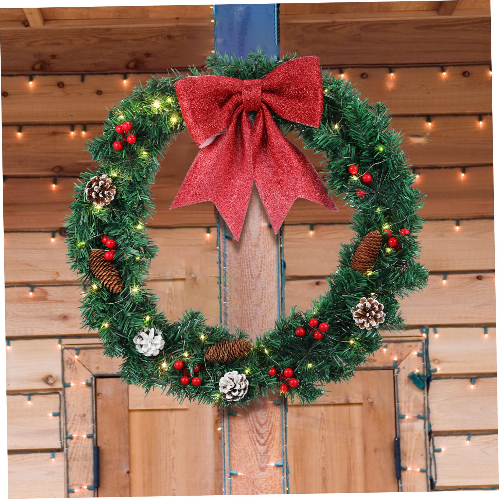 Guirnalda Navideña Brillante de Decoración Artificial con Luces Acento Festivo con Lazo y Piñas para Decoración de Puerta Interior