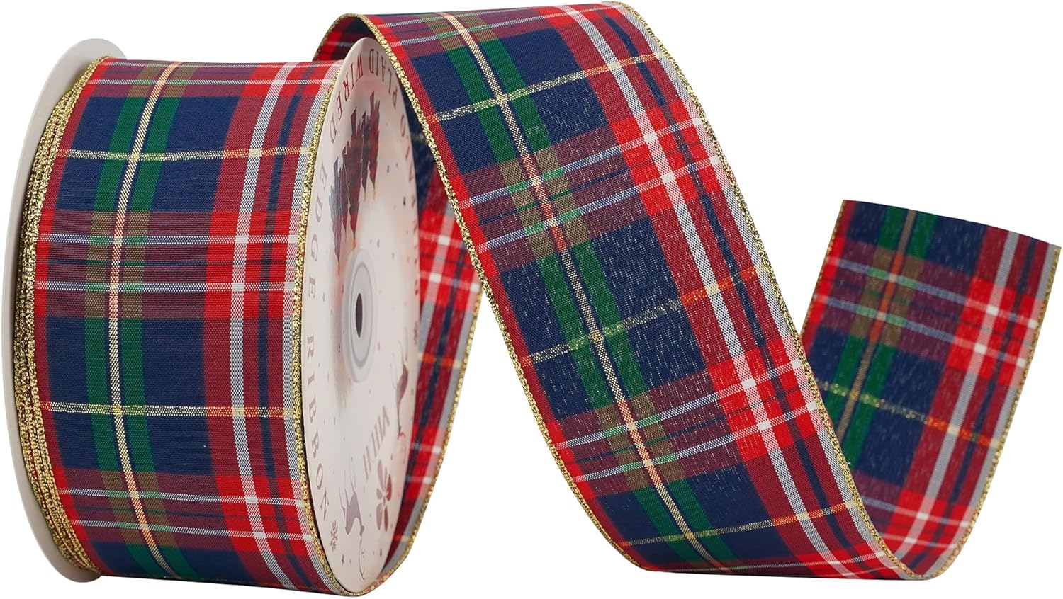 MEEDEE Tartan Plaid Wired Ribbon 2-1/2" Wide with 25 Yards Red Crimson & Navy Blue Scottish Plaid with Metallic Threads Ribbon for Christmas Tree, Wreaths, Bows, Gift Wrap, Weddings, Holiday Crafts