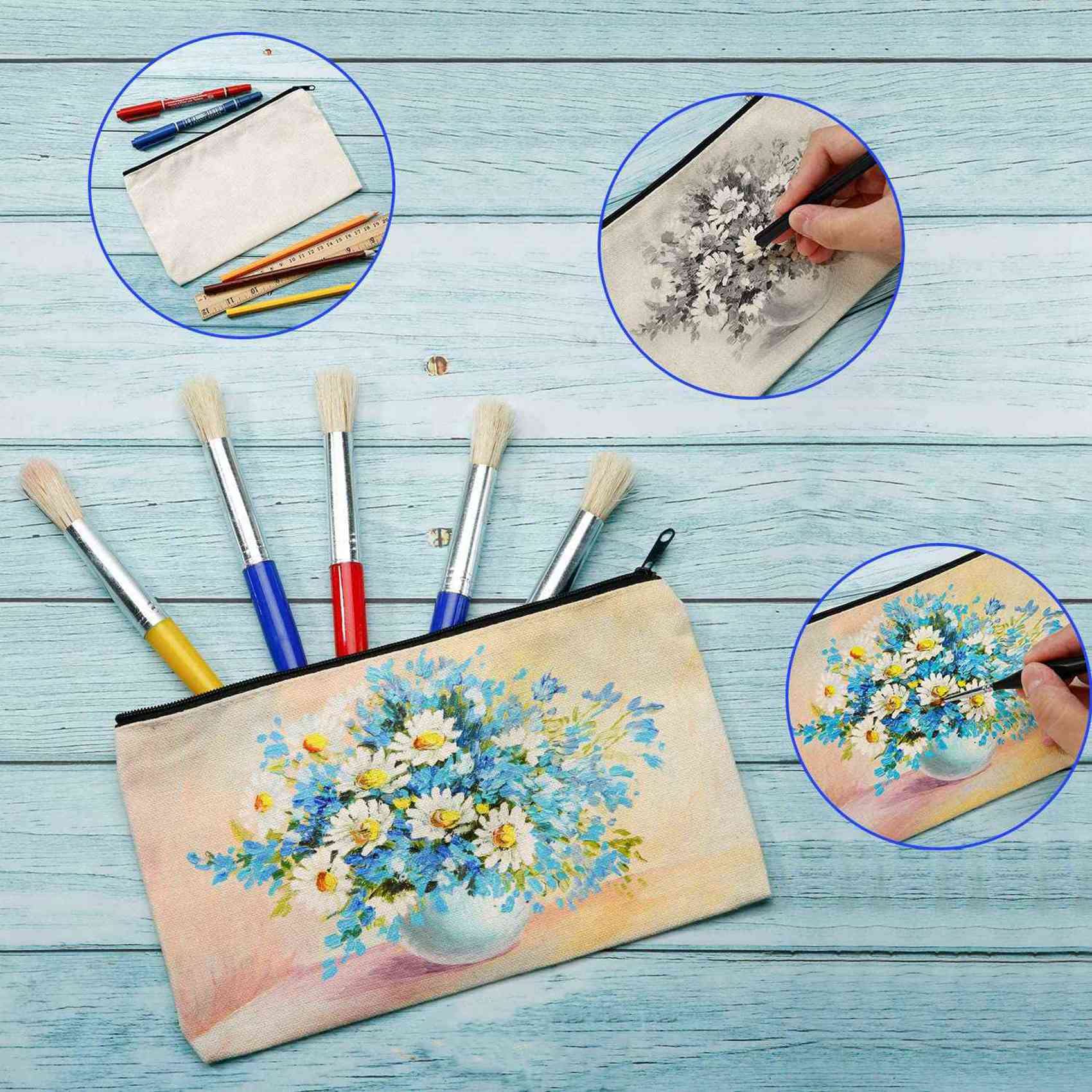 80 . płóciennych toreb na przybory do makijażu, etui na zamek błyskawiczny, piórnik, puste, DIY, torby rzemieślnicze, kosmetyczka, do podróży, DIY, do szkoły, Beżowy i czarny