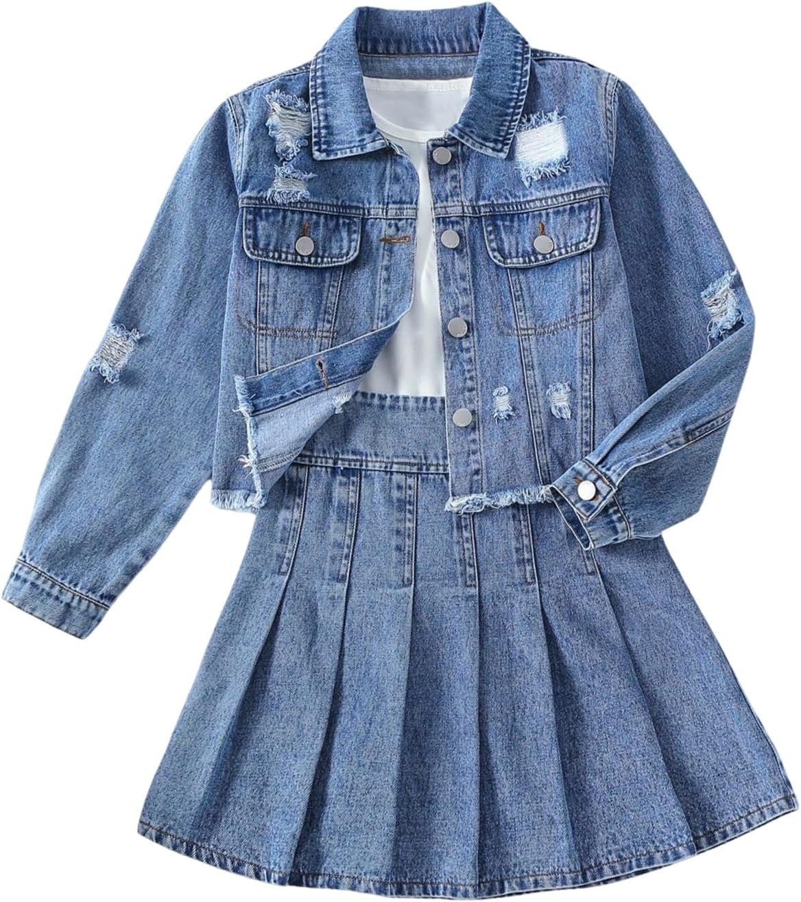 MakeMeChic Girl's 2 Piece Outfits Ripped Raw Hem Long Sleeve Button Down Denim Jacket and Pleated Jean Skirt Sets