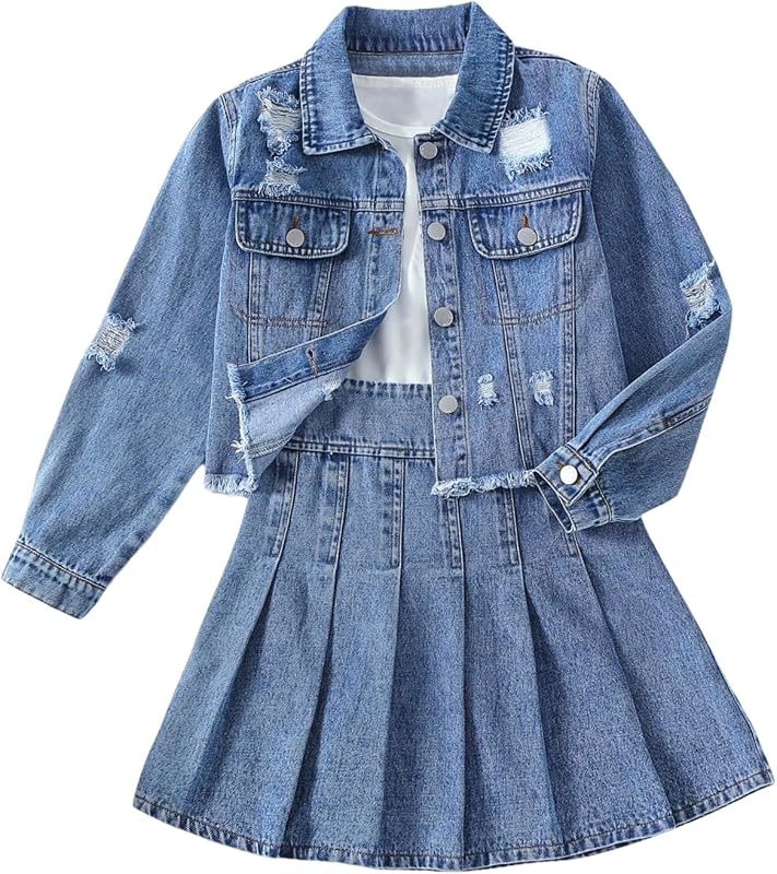 Conjunto de 2 piezas para niña con dobladillo crudo rasgado y pollera vaquera