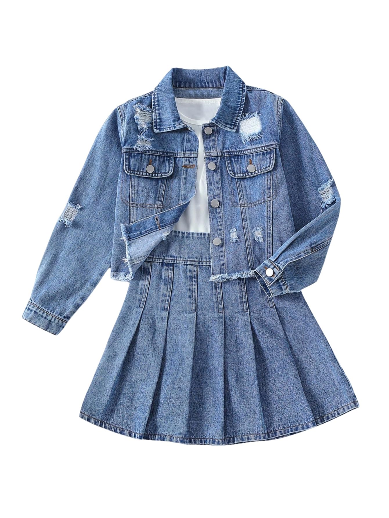 MakeMeChic Girl's 2 Piece Outfit Ripped Raw Hem Denim Jacket Jean Skirt Set