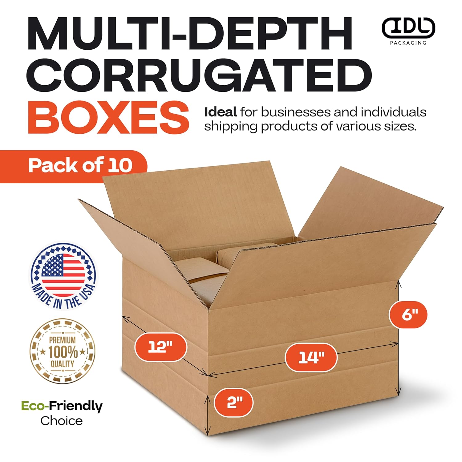 Multi-Depth Corrugated Shipping Boxes, 14"L x 12"W x 6"H, 10-Pack - USA-Made Boxes for Moving, Storage & Small Business Packaging - Heavy-Duty Cardboard Bines for Household & Office by IDL Packaging