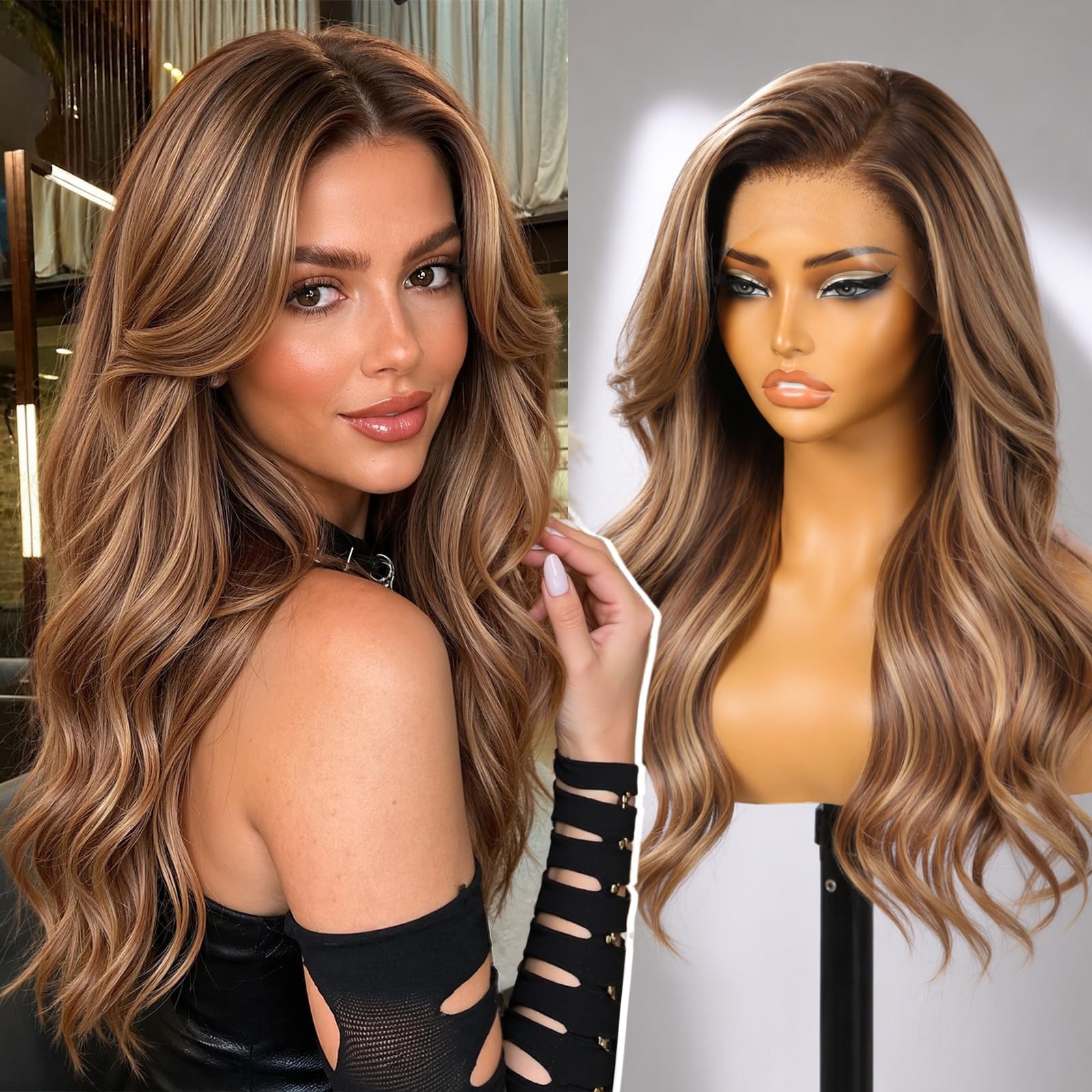 KOME Brown Mixed 13×6 Loose Wavy Synthetic Lace Front Wig for Women 22IN Brown Mixed #TT4/243