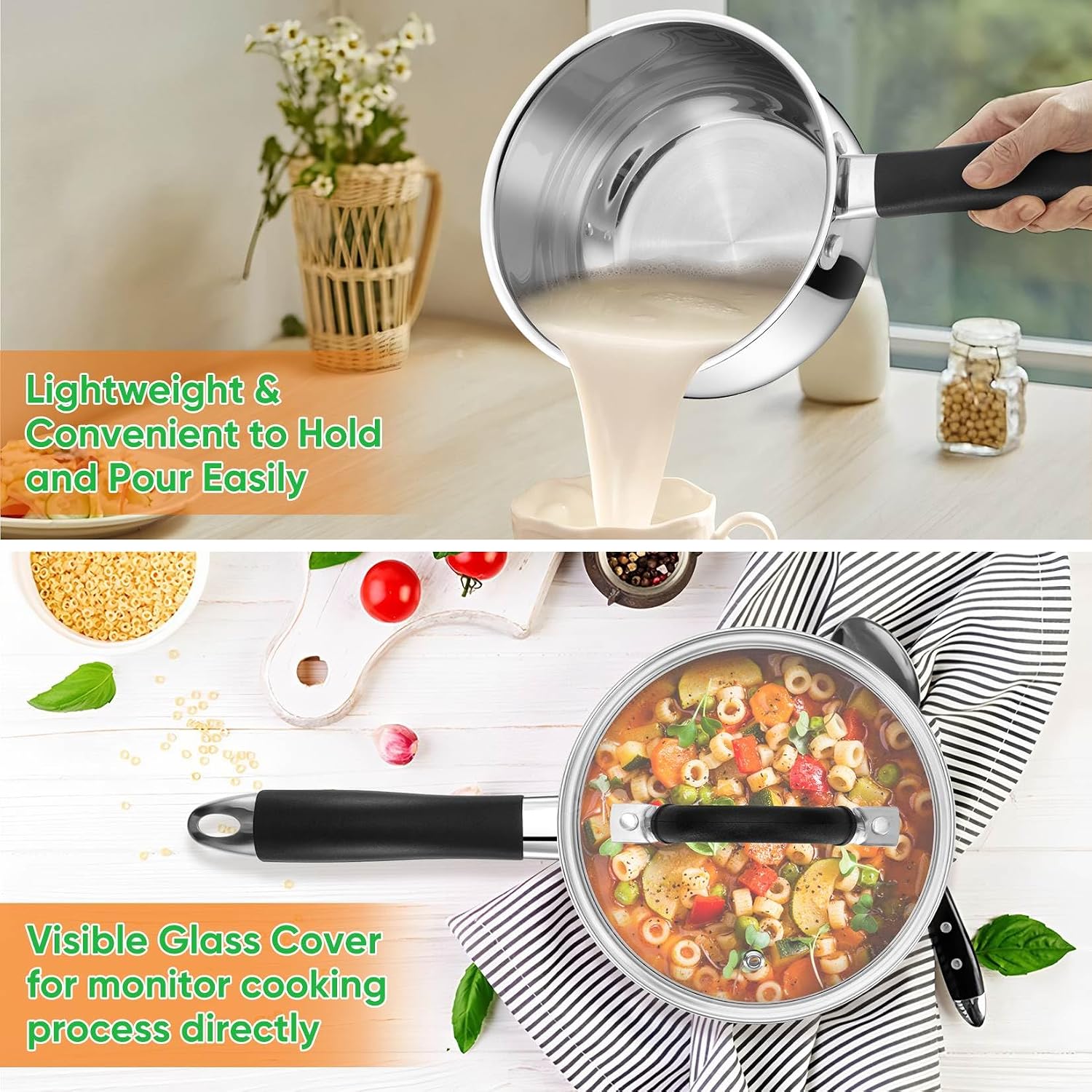 P&P CHEF 3 Quart Sauce Pan with Lid, Stainless Steel Saucepan, Small Milk Pot for Multipurpose Cooking, Visible Glass Lid & Stay-cool Silicone Handle & Tri-Ply Base, For All Stoves & Dishwasher Use