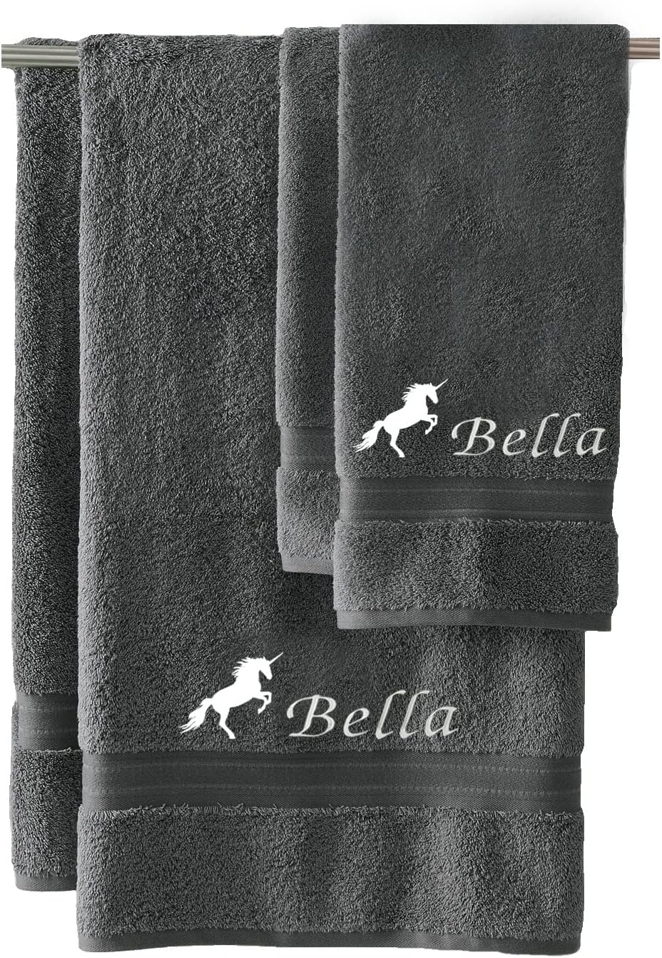 Liberty21 Unicorn Monogrammed Personalized Bath & Hand Towel Set. Custom Embroidered Towels. Set Includes 1 Bath Towel and 1 Hand Towel. (Grey)