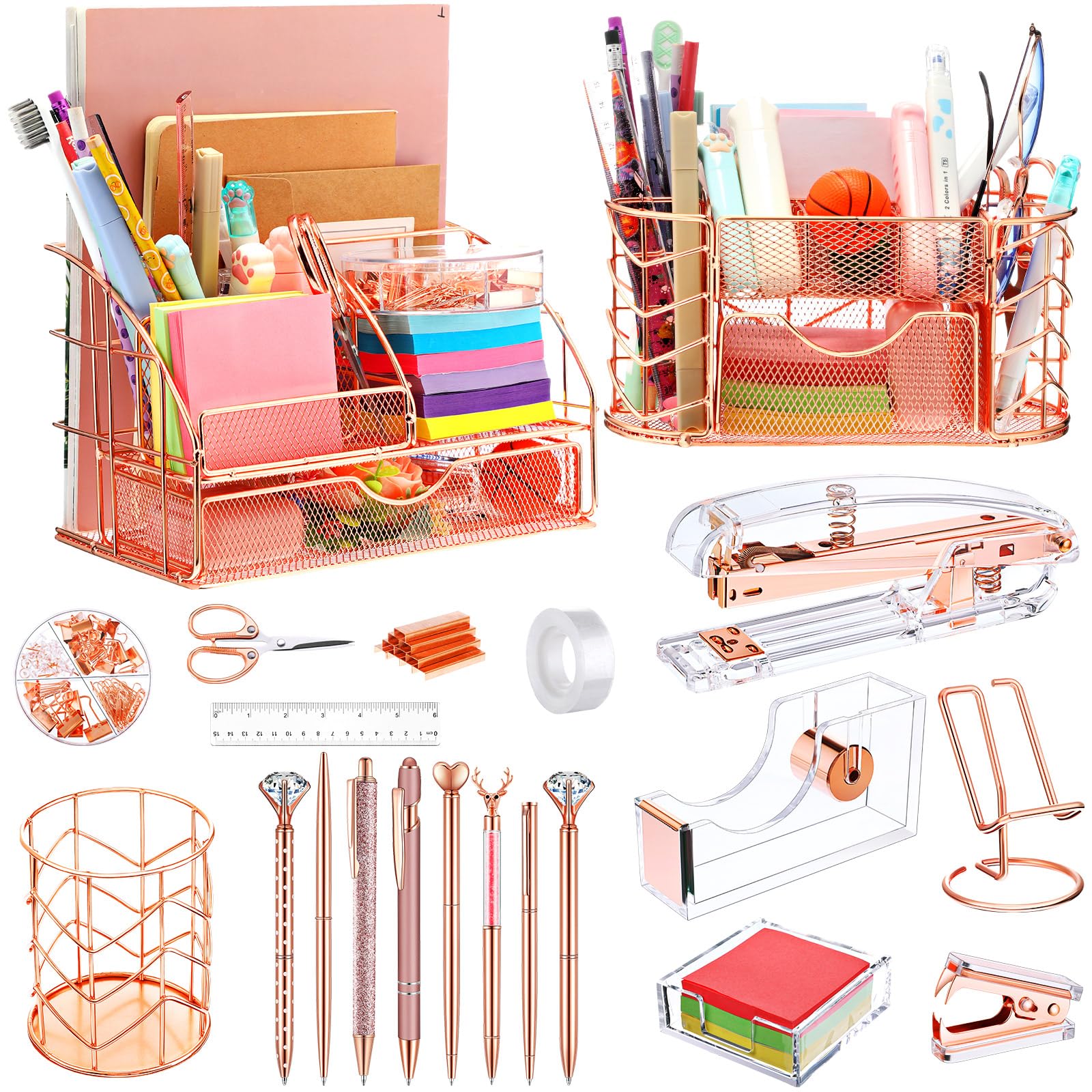 Photo 1 of Sherr 21 Pcs Rose Gold Desk Organizers and Accessories Office Supplies Set Stapler Staple Remover Tape Holder Pen Holder Ballpoint Pen Scissors Binder Clips Phone Holder Ruler Tape Note Holder Staples