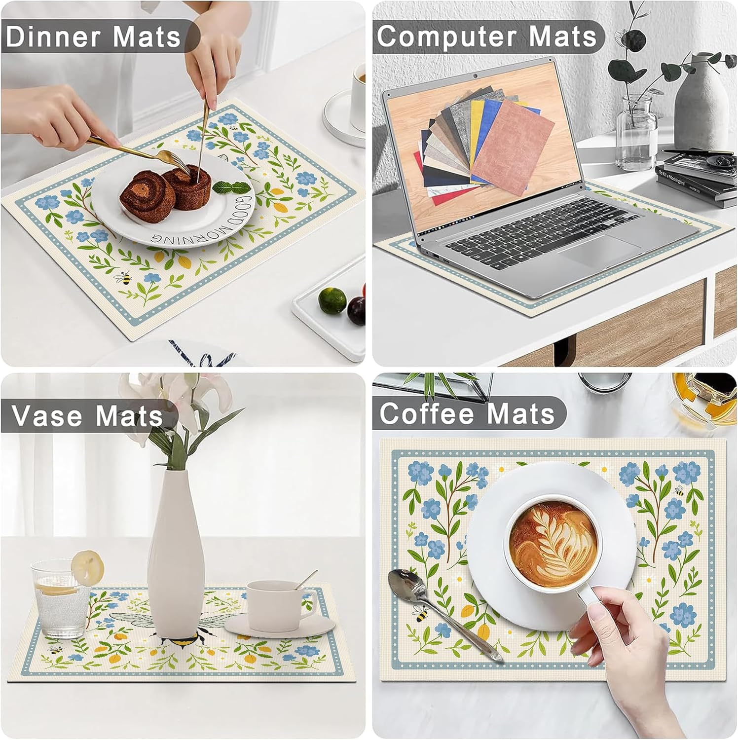 Bee Placemats Set of 6 Flower Place Mats Table Mats for Kitchen Dining Restaurant Decoration for Table Decor Home Party 6 PCS 12x18 Inch