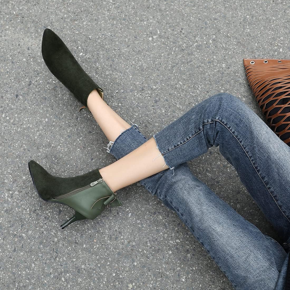 VOKLIN Women's Pointed Toe Dress Ankle Booties Fashion Bowtie Zipper Stilettos High Heel Elegant Short Boots