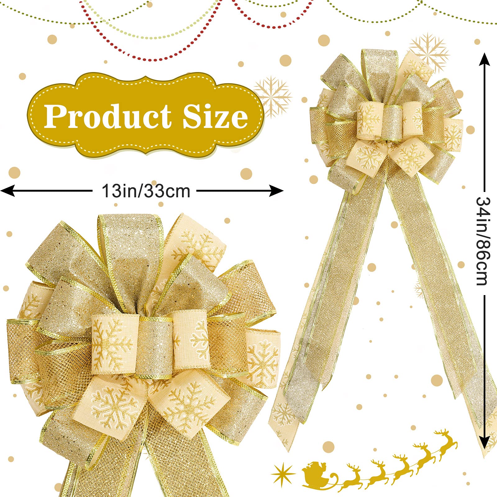 Whaline Christmas Bow Tree Topper Gold Xmas Large Bow with Snowflakes