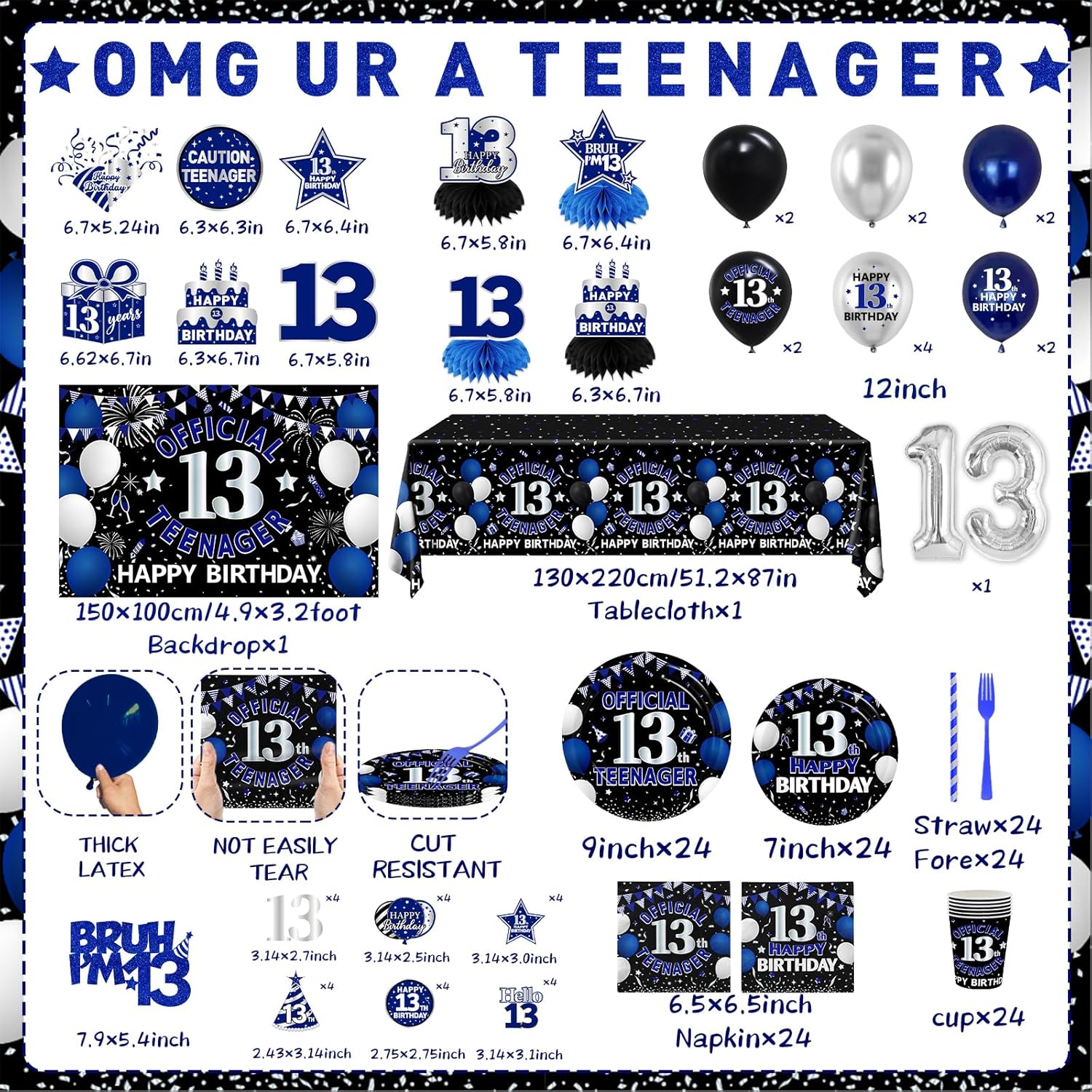13th Birthday Decorations for Boys,196pcs Blue Happy 13th Birthday Decorations Official Teenager Decorations Plates Napkins Tablecloth Backdrop Topper Balloons for 13 Year Old Boy Birthday Decorations