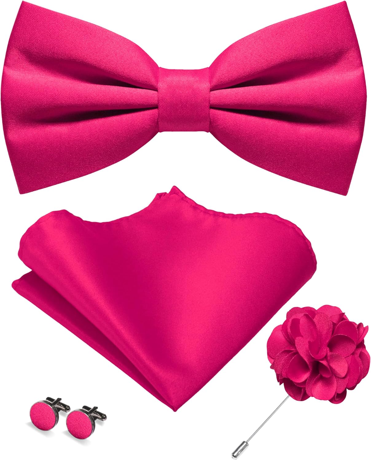 JEMYGINS Solid Color Pre-tied Bow Tie and Pocket Square Cufflinks Lapel Pin Sets for Men 4PCS