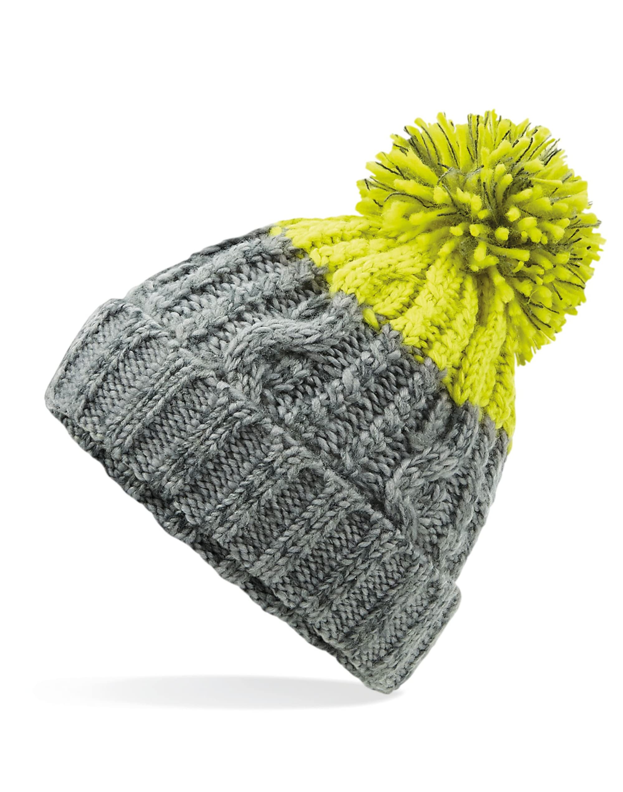 Aremie Women's Light Grey / Citron Cable Knitted Bobble Hat, Mens Beanie Hat, Warm Winter Pom Pom Wooly Cap, Light Silver Grey, Lime Green, Multicolour