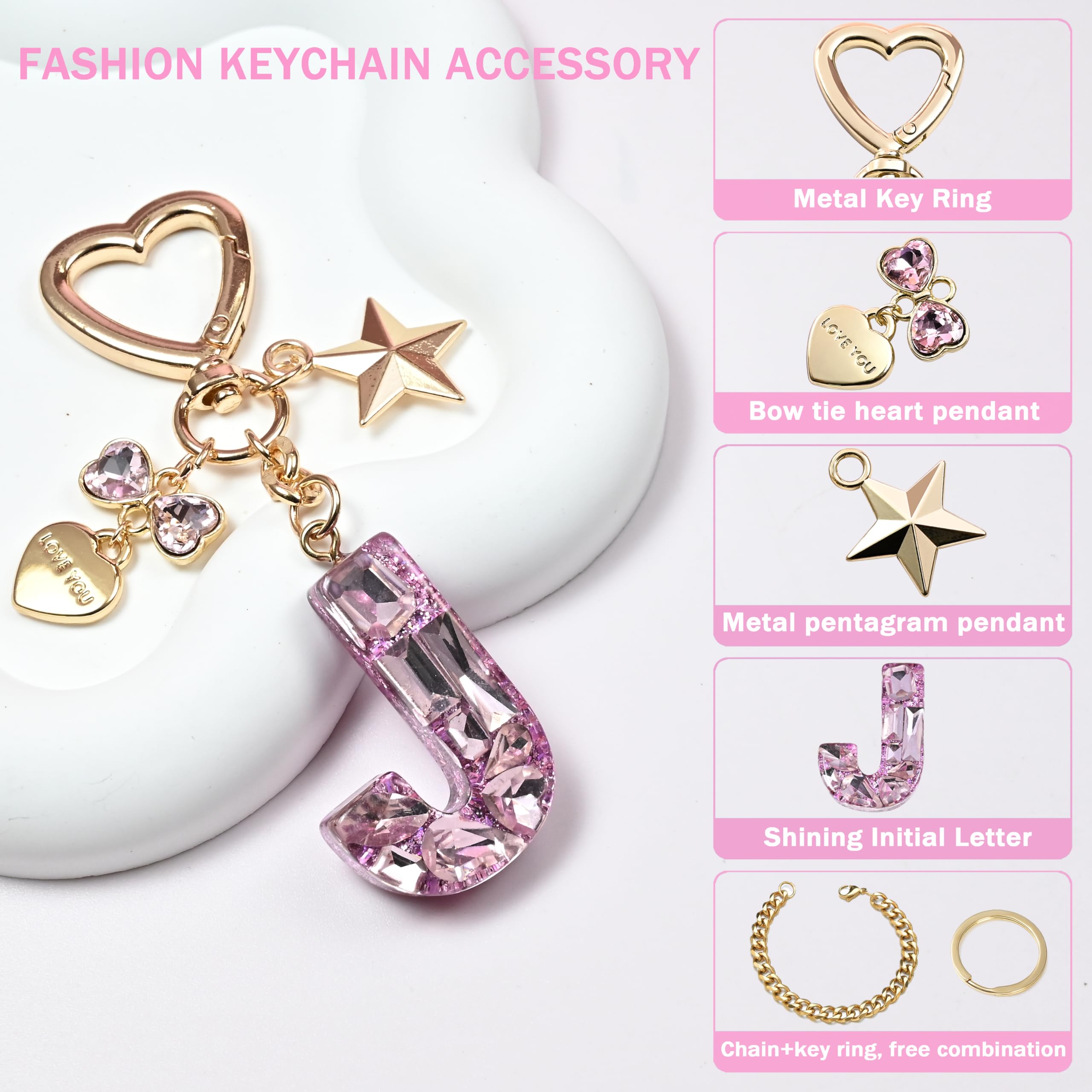 Cute Keychain initial Letter Butterfly Star Pink Purple Bling Gift for Women Girls Bag Cup Charms Accessories (J-pink)