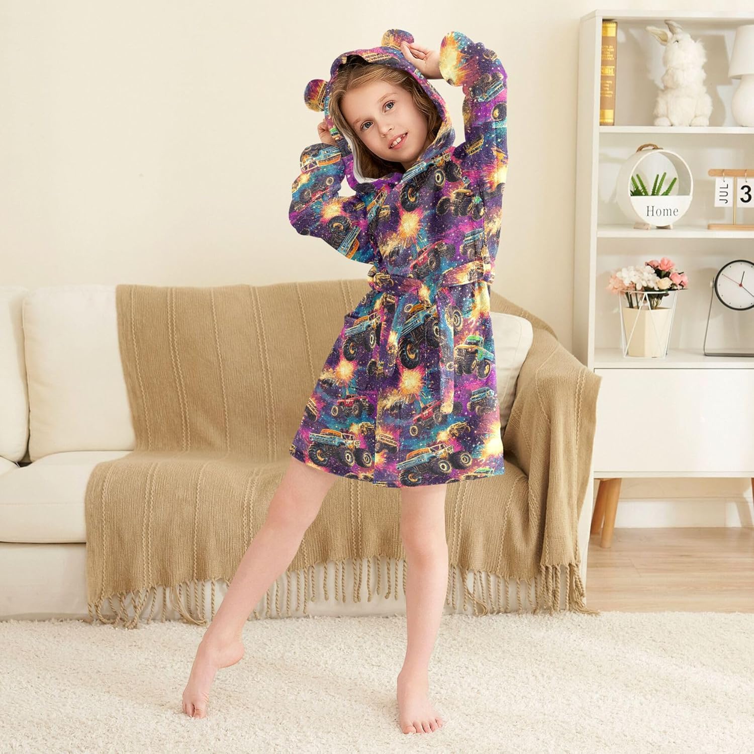 Monster Truck Cars Galaxy Retro Bathrobe Hooded PJ Robe Soft Fleece Robe Sleepwear 2-12 Years