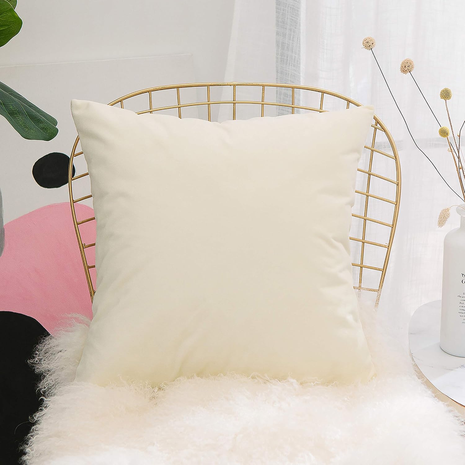 Home Brilliant Soft Velvet Home Decor Spring Decorative Accent Pillow Cover, 18x18 Inch(45x45 cm), Cream Yellow