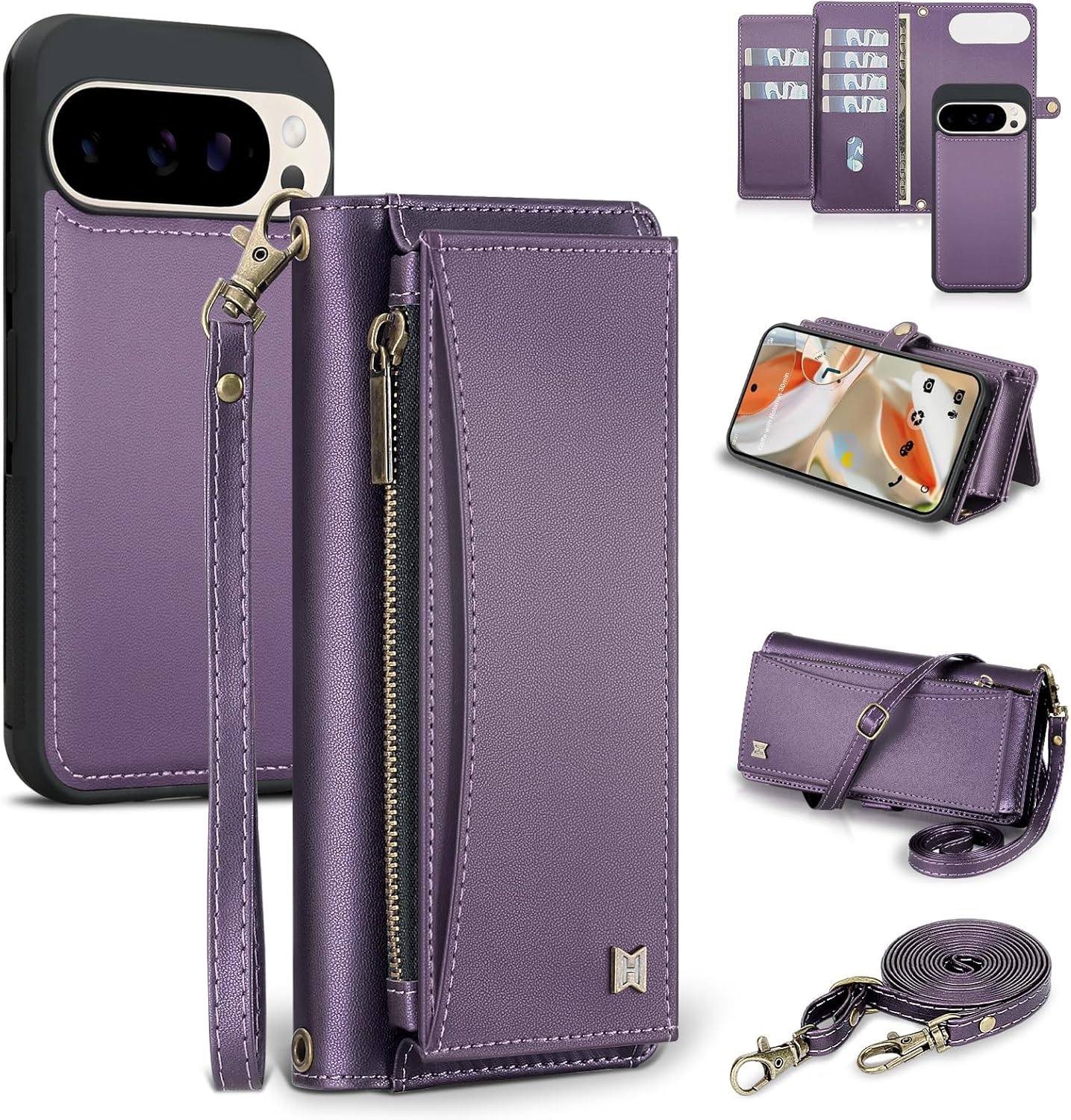 for Pixel 9 Pro XL Wallet Case with Card Holder/Crossbody Wallet/Strap,[RFID Blocking][Magnetic] PU Leather Shockproof Protective Cover Google Pixel 9 Pro XL Case,Purple