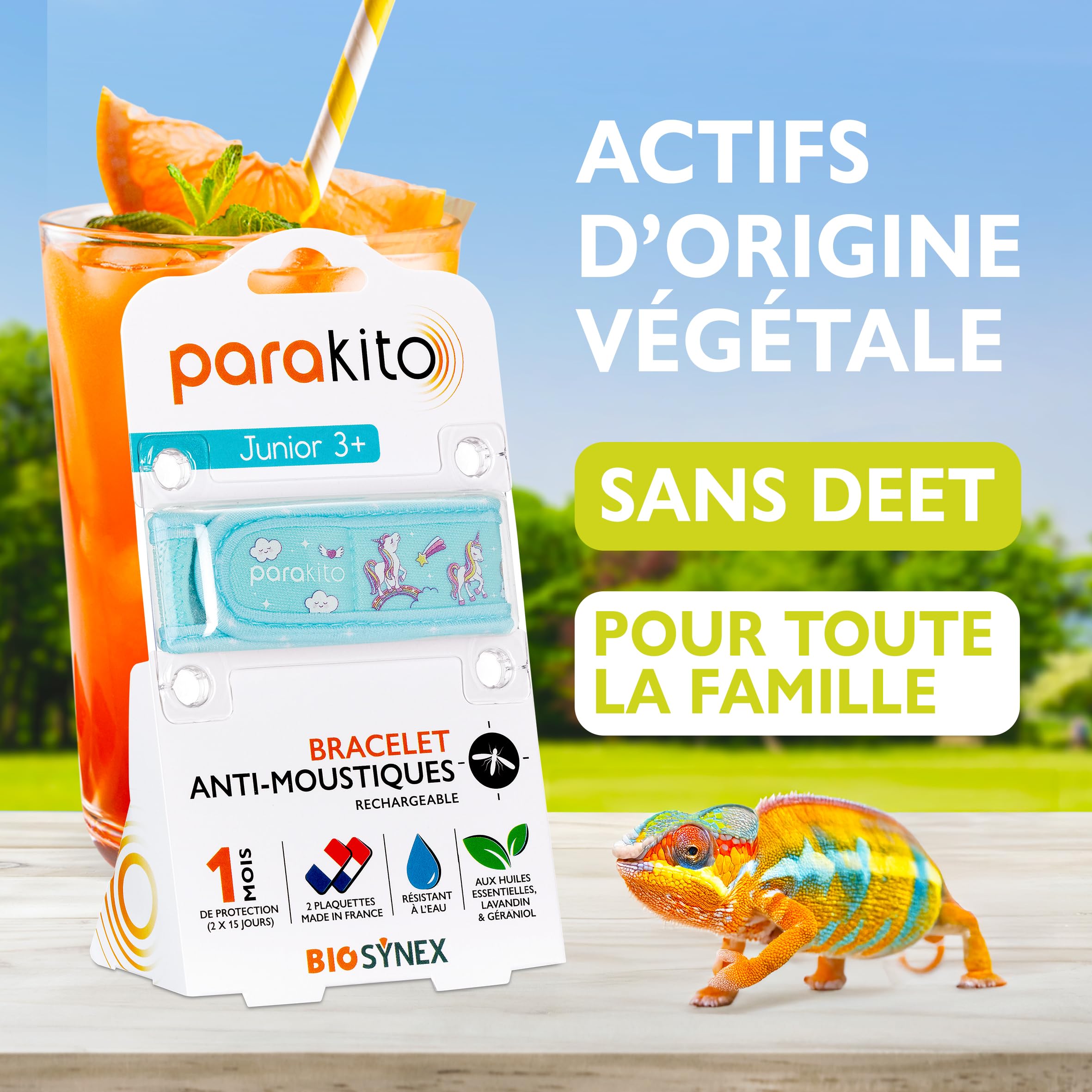 PARAKITO - Bracelet Anti-Moustiques Réutilisable - 2 Plaquettes Incluses aux Huiles Essentielles - 1 Mois de Protection - Sans DEET - Taille Junior 3+ (Licorne)
