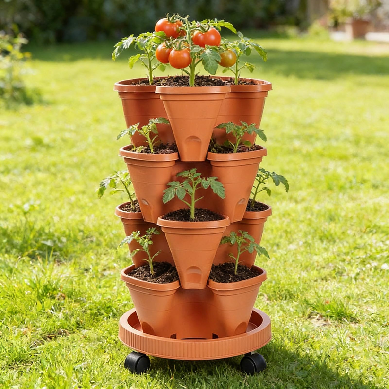 Terrakotta-Erdbeer-Pflanzgefäß, Blumentopf, 4 Ebenen, vertikaler Blumentopf mit Rädern und Bodenschale, stapelbarer Erdbeer-Pflanzgefäß zum Pflanzen von Erdbeeren,
