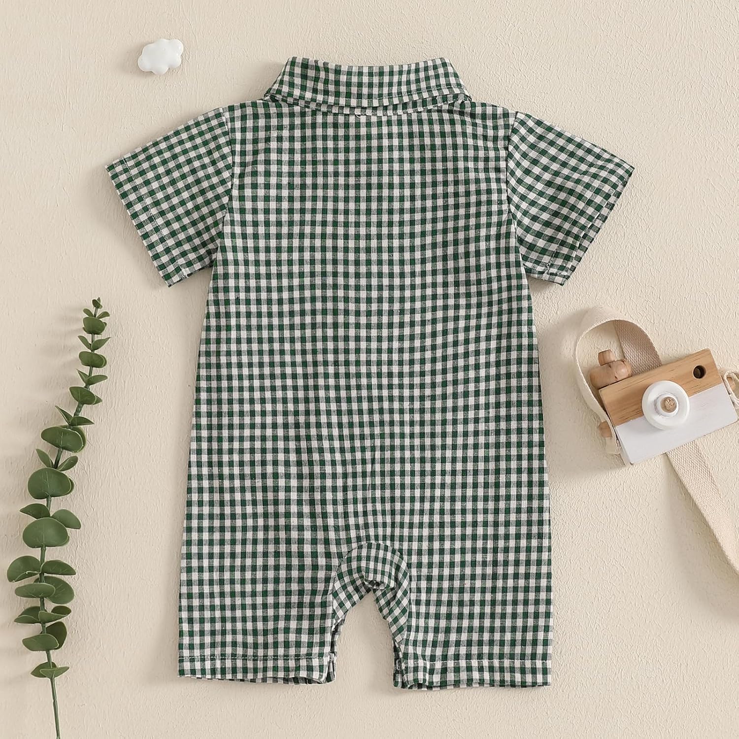 Karuedoo Newborn Baby Boy Clothes Gingham Short Sleeve Collared Romper Jumpsuit Plaid Button Down Bodysuit Summer Outfit - Image 4