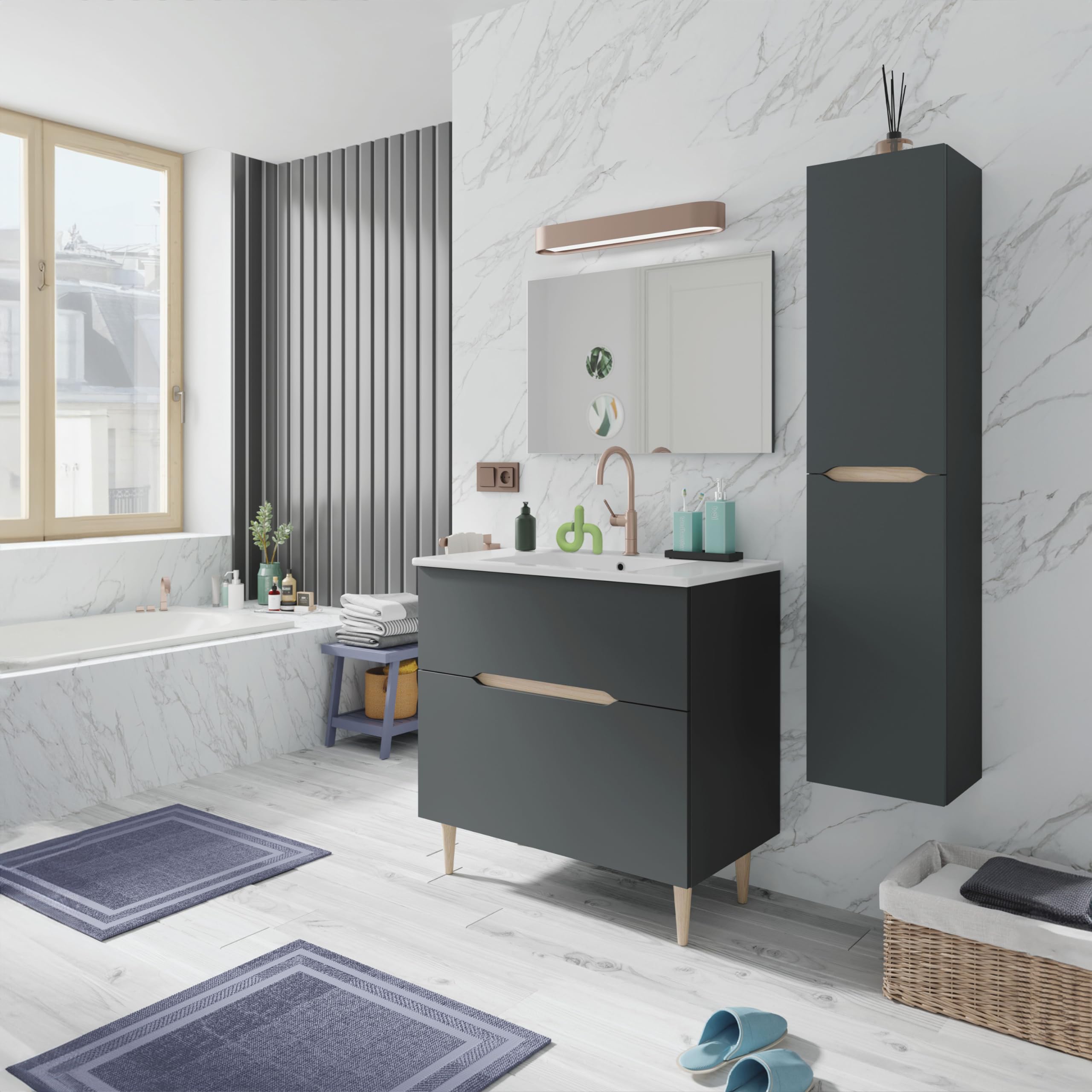 duehome | Columna de Baño Suspendida, Módulo con Almacenaje, Modelo Opera, Acabado en Antracita y Roble, Medidas: 31 cm (Largo) x 135 cm (Alto) x 26 cm (Fondo)