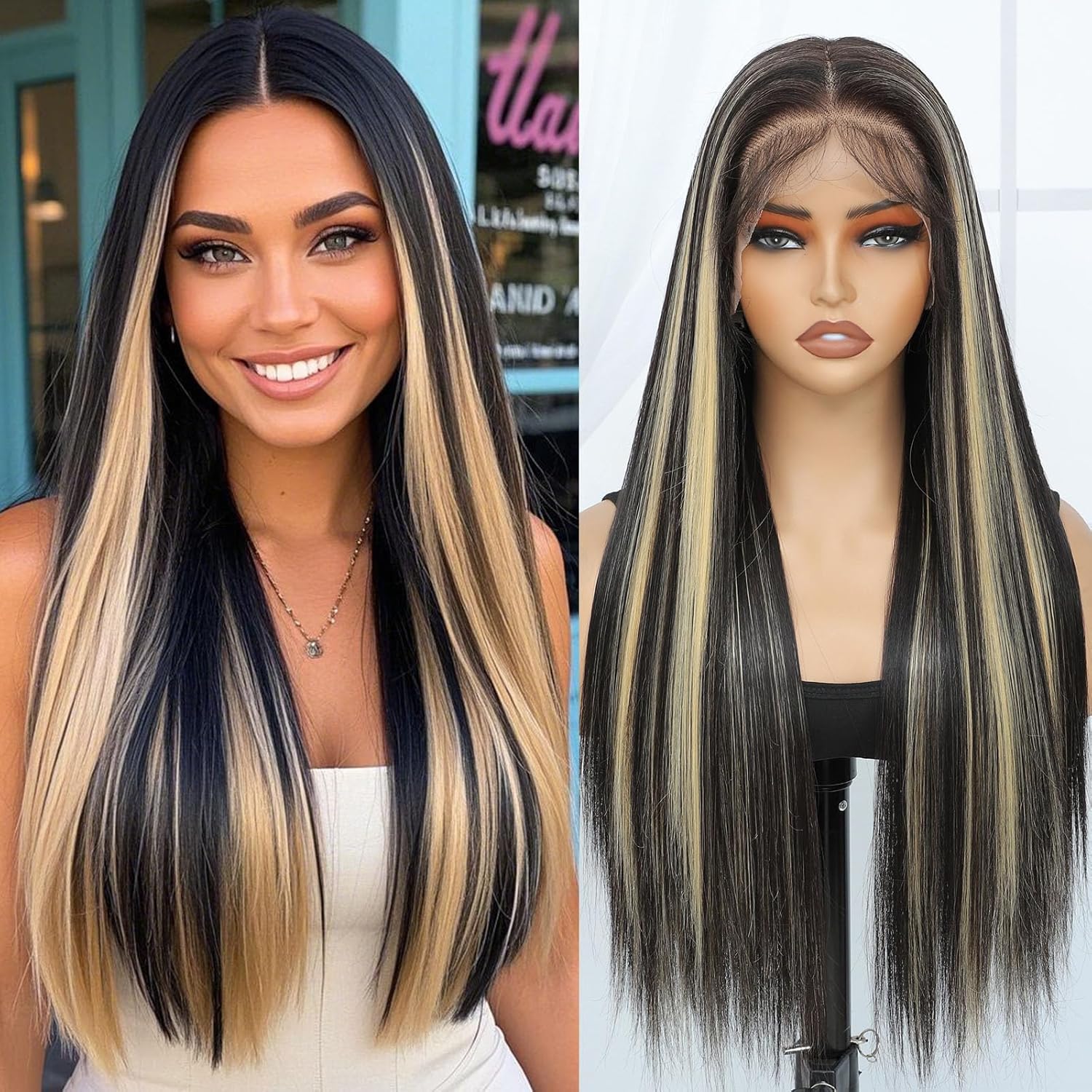 13×6 Synthetic Lace Front Wig – Glueless Ready to Wear 26″ Synthetic Wigs for Black Women, Pre-Plucked Baby Hair Heat-Resistant Black Blonde Highlights Wig Beginner Friendly