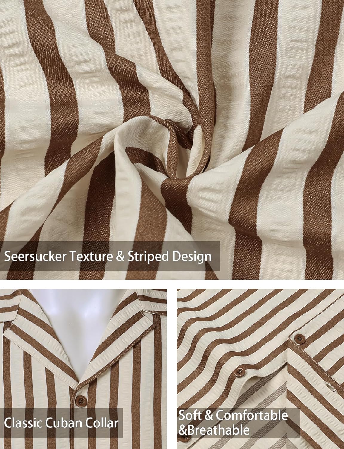 JEMITOP Men's Classic Striped Seersucker Cuban Collar Shirt Short Sleeve Button Down Texture Shirts for Beach Vacation - Image 6