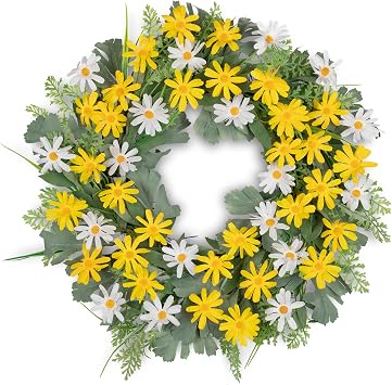 Spring Wreath for Front Door 20 Inch Artificial Daisy Flower Wreath with Greenery Silk Floral Summer Wreath for Home Decor Wall Window Farmhouse Garden Porch