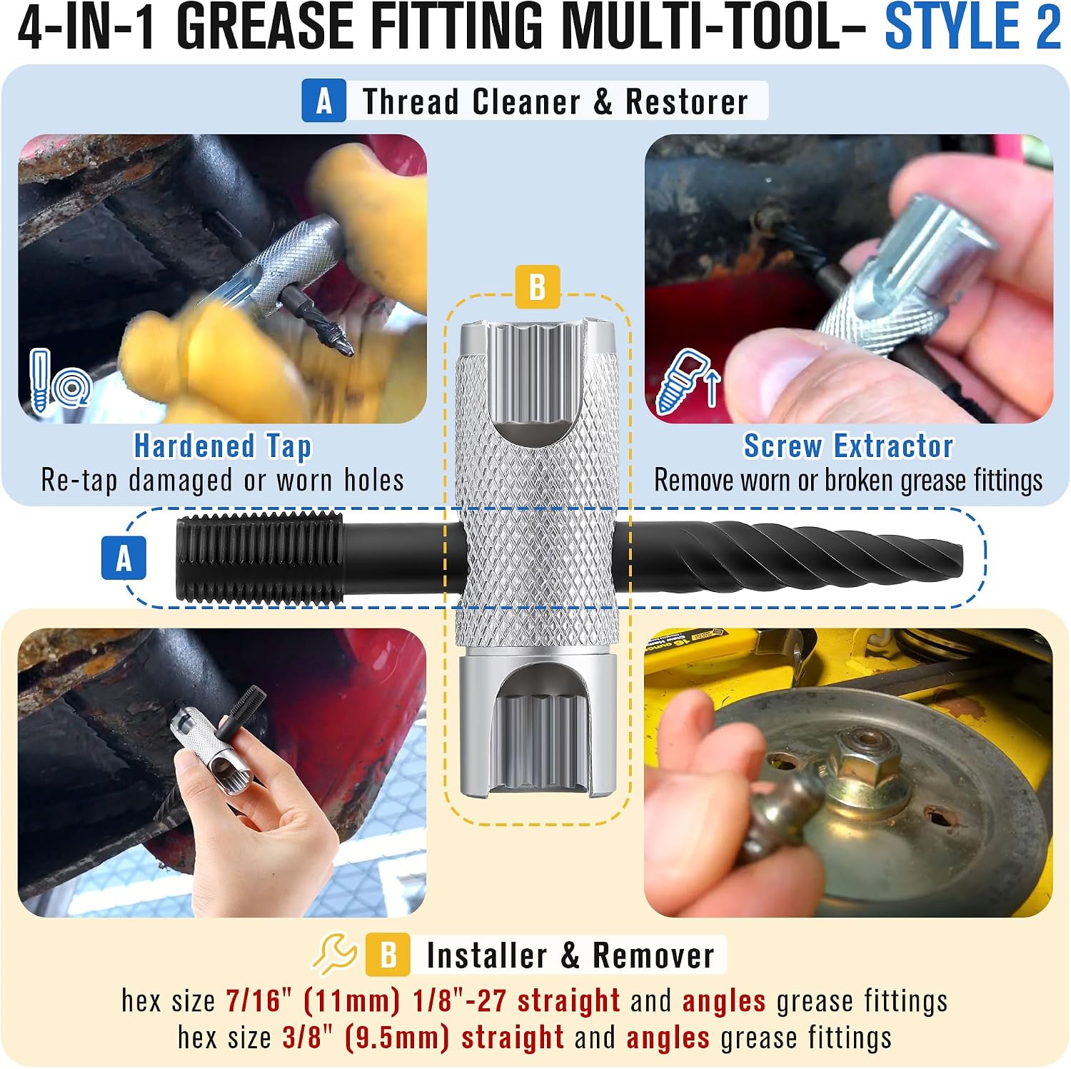 Feekoon Grease Zerk Fitting Tool All in One Grease Fittings Assortment with Removal Tool Fit 1/4"-28 SAE, 1/8"-NPT, M10x1 M8x1 and Hex Size 3/8" 5/16" 7/16" for Install, Remove, Rethread