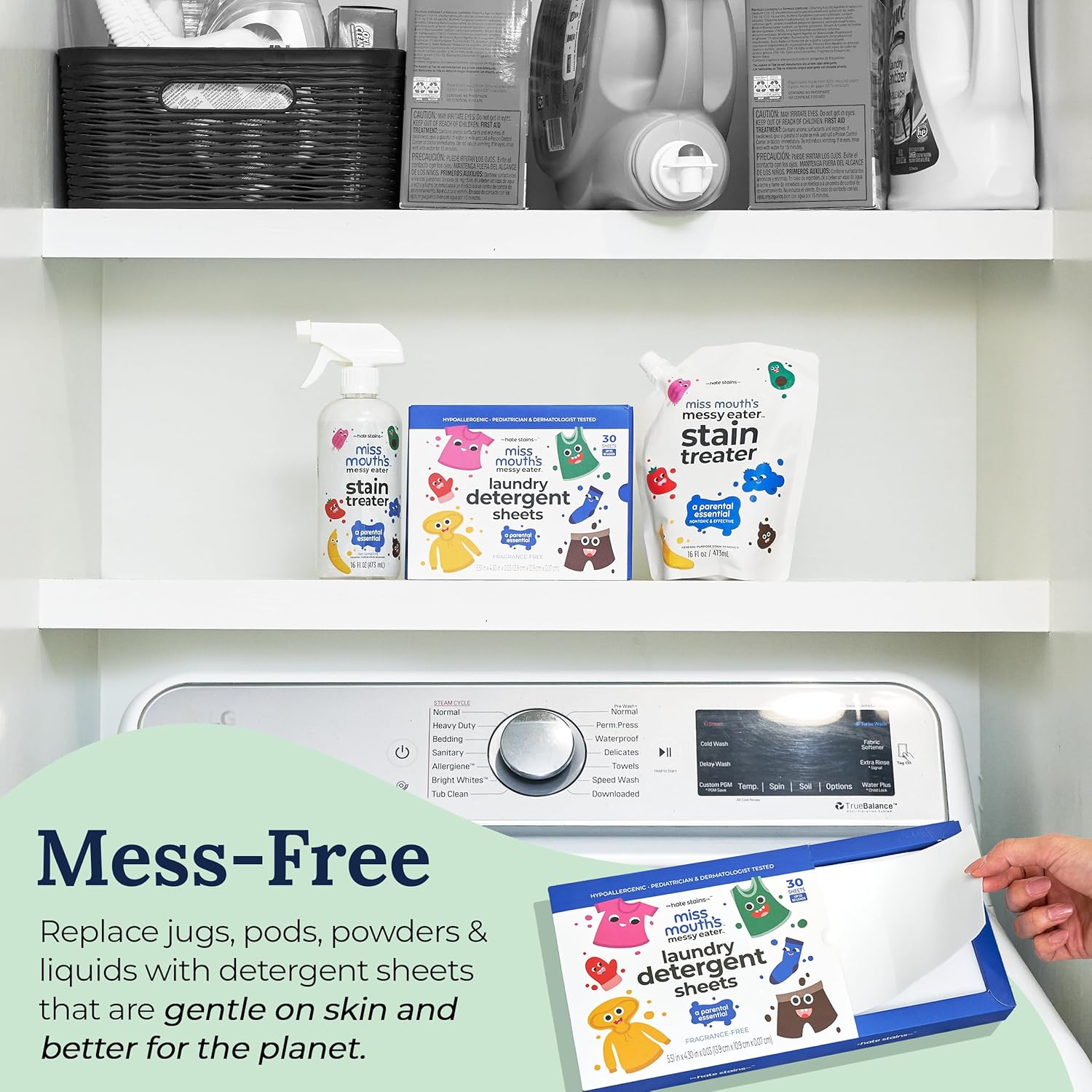 Miss Mouth's Messy Eater Laundry Detergent Sheets - 60 Loads Travel Friendly Detergent Sheets - Hypoallergenic, Sensitive Skin Safe, Pediatrician and Dermatologist Tested, Fragrance Free - Image 3