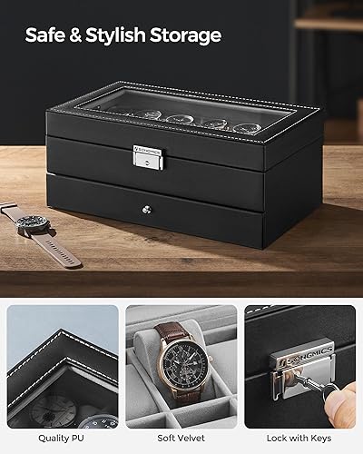 Miniatura 4 de SONGMICS Caja de reloj, Organizador de 12 relojes de hombre, Joyero con cerradura y llaves, Negro UJWB012