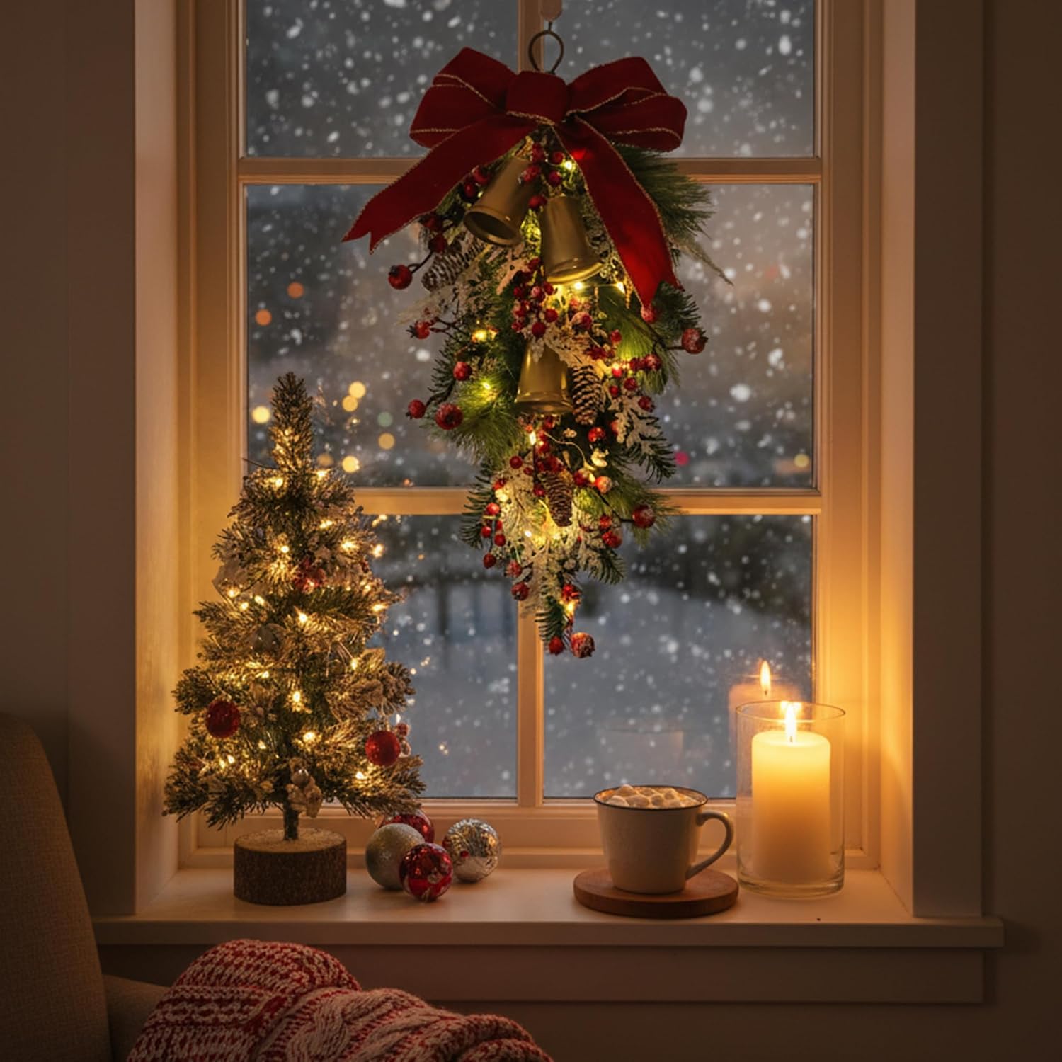 Lighted Christmas Teardrop Swag with LED Lights, Red Velvet Bow & Christmas Bells, Flocked Pine Branches with Berries, Front Door Holiday Decoration with Timer, Steady On & Flash Modes(Gold)