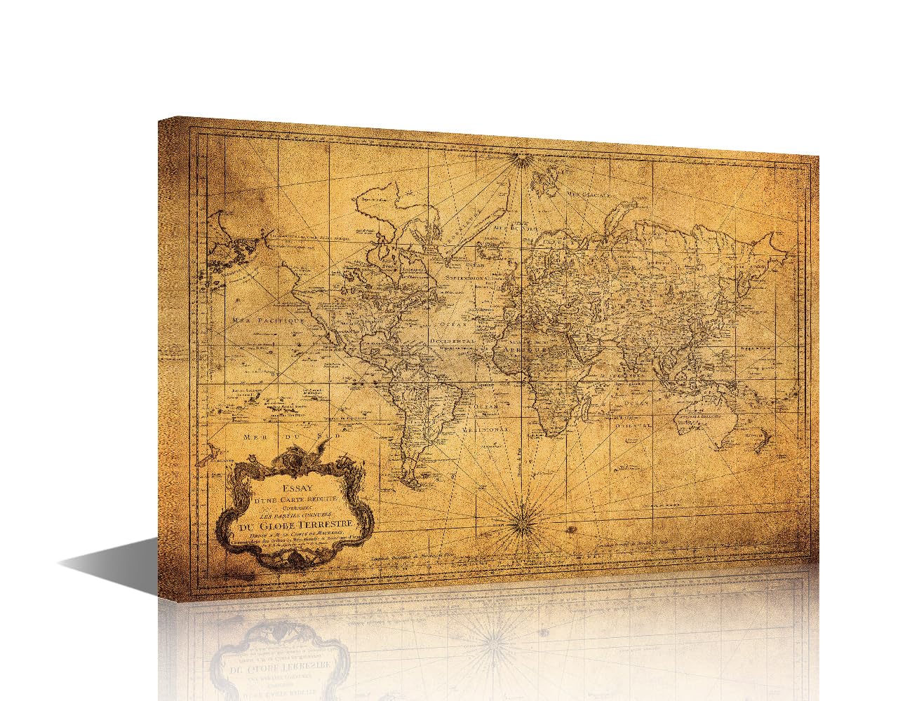 TISHIRON Map of the World Wall Decor Vintage Map Canvas Painting World Maps 1778 Wall Decor Poster Home Decor Living Room Office Framed Gallery-Wrapped Ready to Hang 1 Panel (16''Wx24''H)