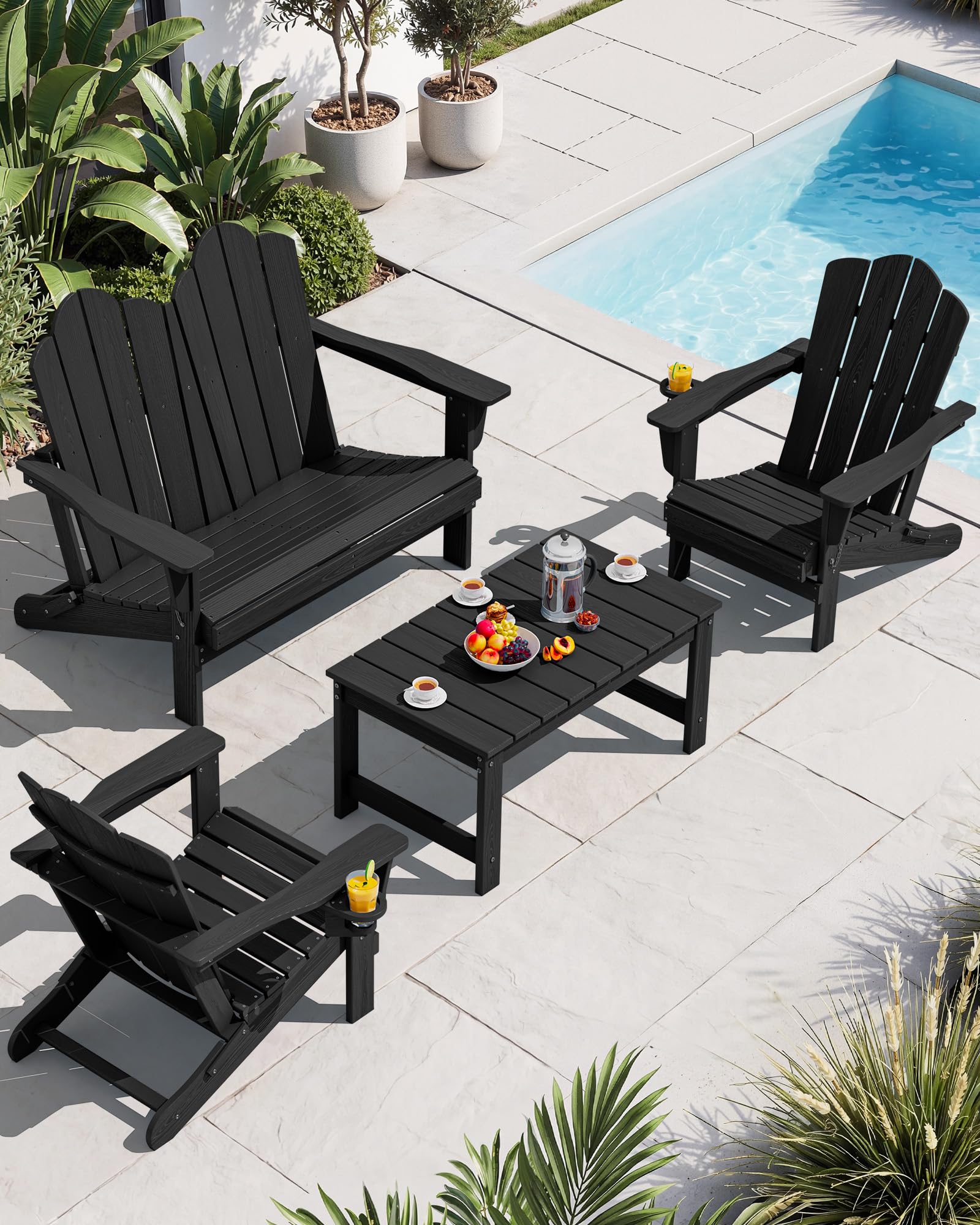 SERWALL 4-Pc HDPE Adirondack Set, 2 Chairs, 1 Bench &amp; 1 Coffee Table, Black