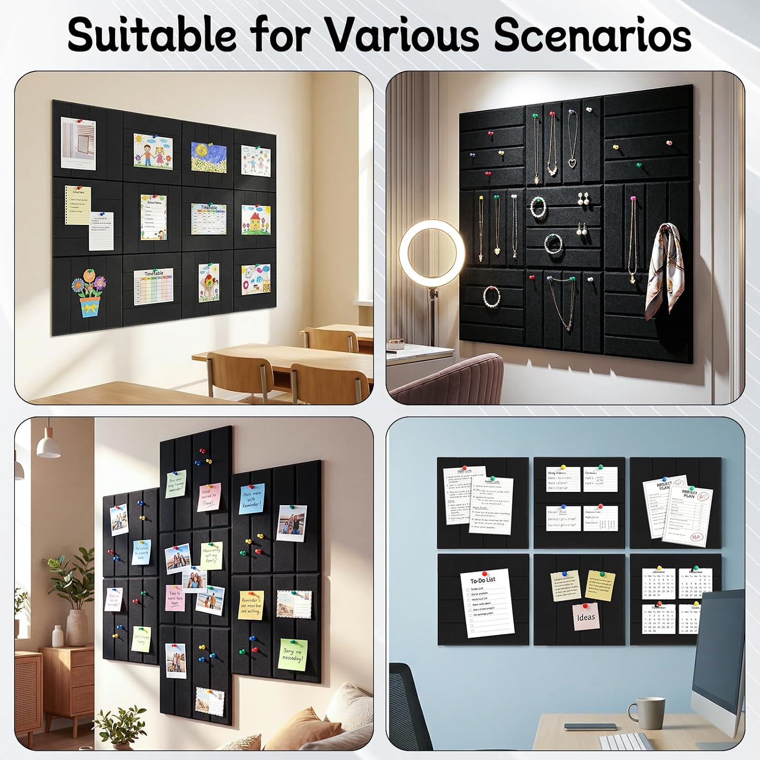 Thboxes Felt Bulletin Board Tiles 48" x 36", 12-Pack Cork Board for Office, Pin Board with 60 Pushpins Cork Boards for Office Decor Walls Organizer, 70 Adhesive Tabs Included - Black