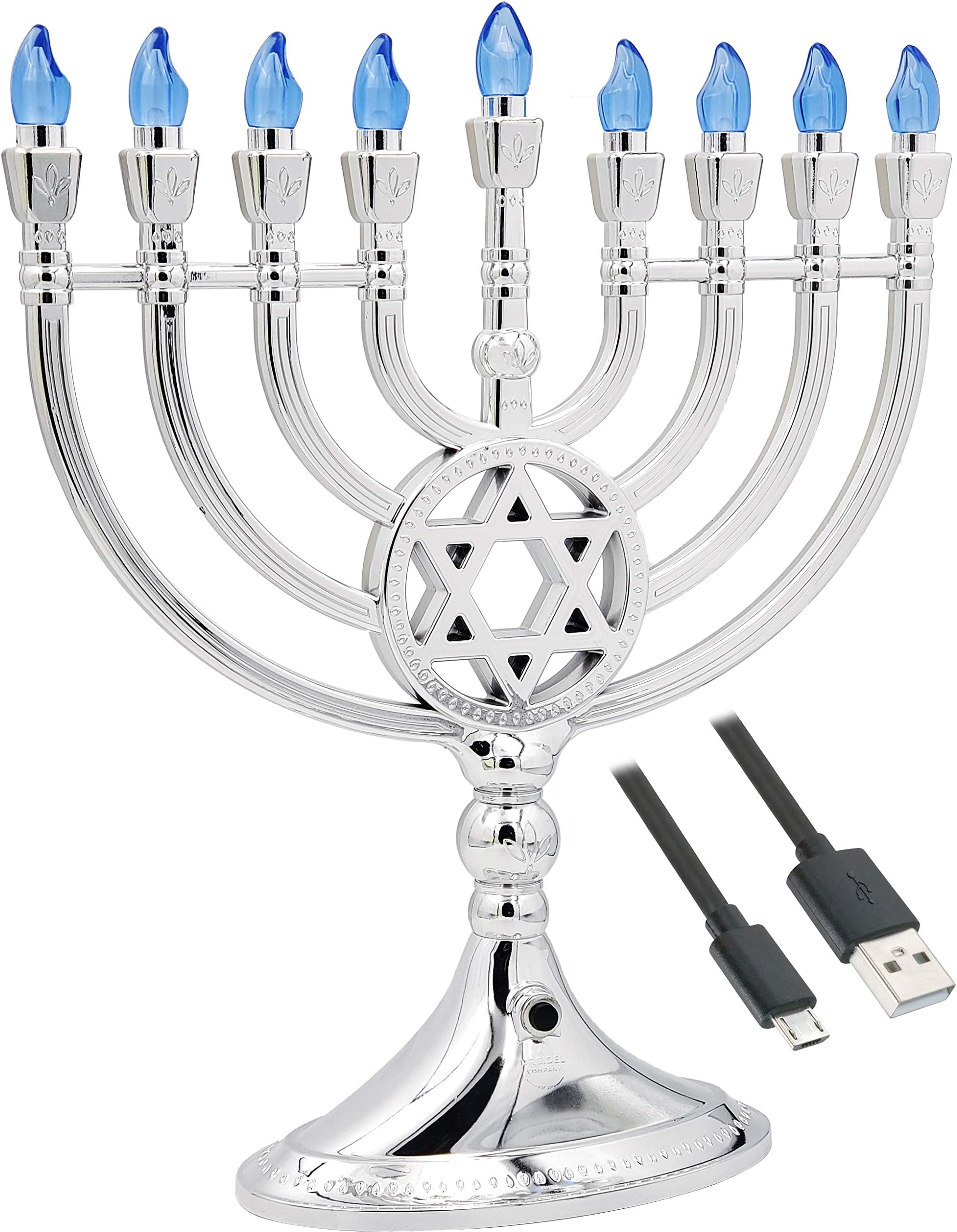 The Dreidel Company Traditional LED Electric Silver Mettalic Hanukkah Menorah -Full Size 13 Inches High 3 AA Battery or USB Powered - Includes a Micro USB 4' Charging Cable