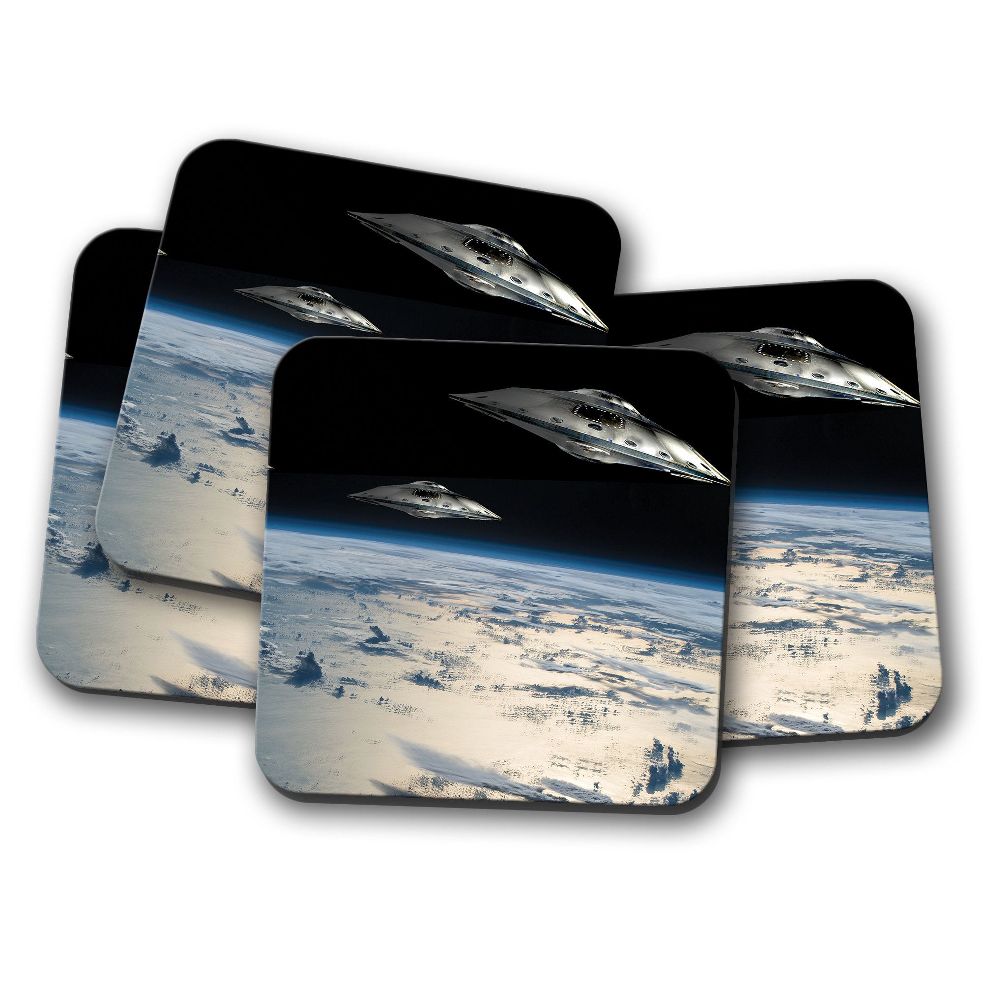 Destinationvinyl Multicolor 4 Set - Ufo Alien Cork Backed Drinks Coaster - Earth Space Solar System #8380